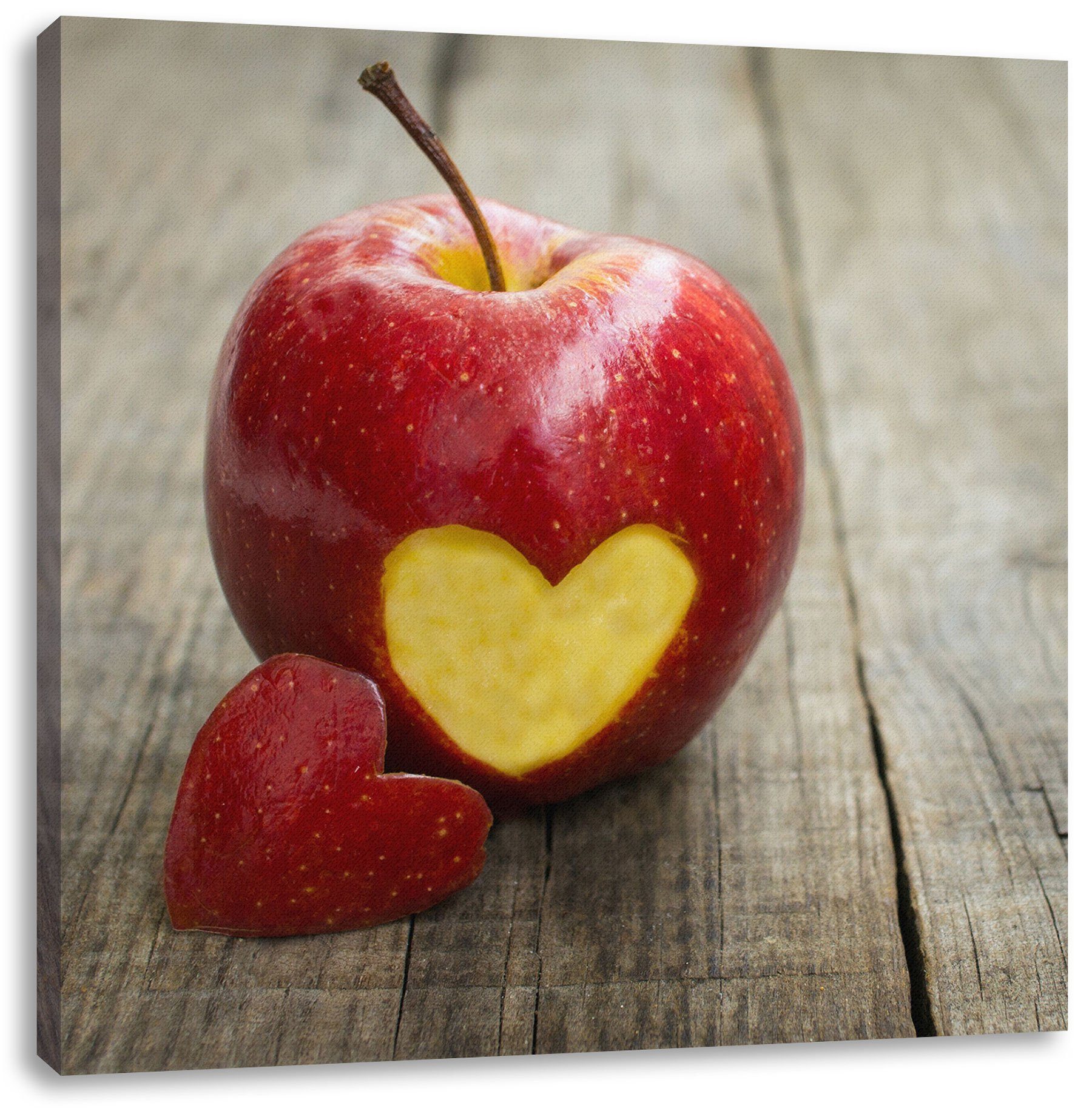 Leinwandbild bespannt, Apfel, in Herzschnitzerei St), Pixxprint inkl. Herzschnitzerei Leinwandbild Apfel fertig (1 Zackenaufhänger in