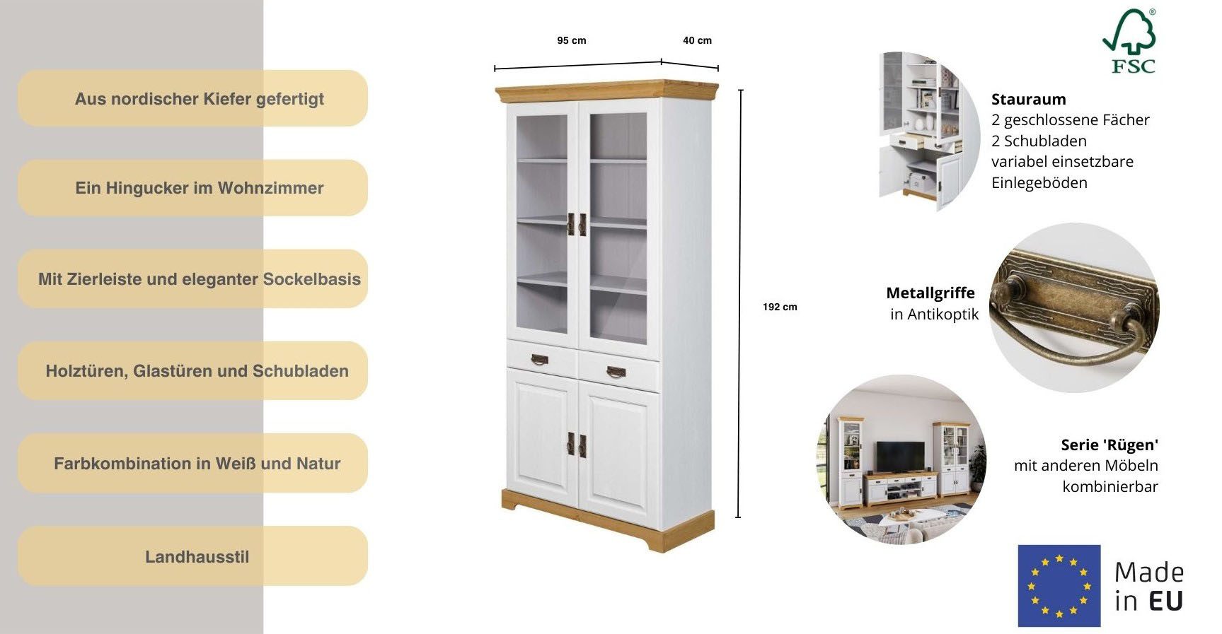 OTTO home Vitrine Rügen zertifiziertes Massivholz, Höhe 192 cm, im Landhausstil