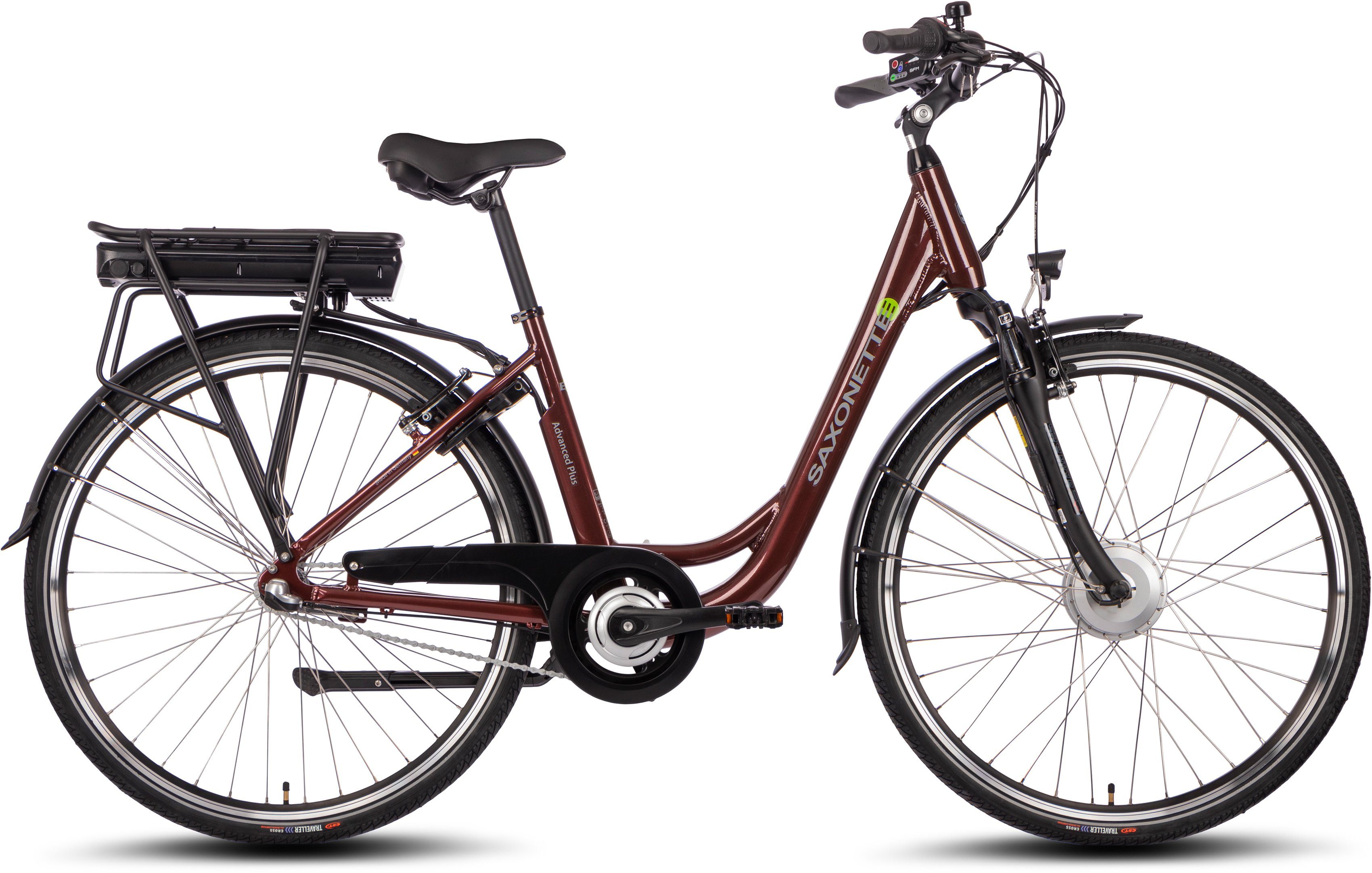 SAXONETTE E-Bike Advanced Plus, 3 Gang Shimano SHIMANO Nexus Schaltwerk, Nabenschaltung, Frontmotor, 375 Wh Akku, (mit Akku-Ladegerät), Damen E-Bike Cityrad, Rücktrittbremse, integr. Rahmenschloss, Pedelec