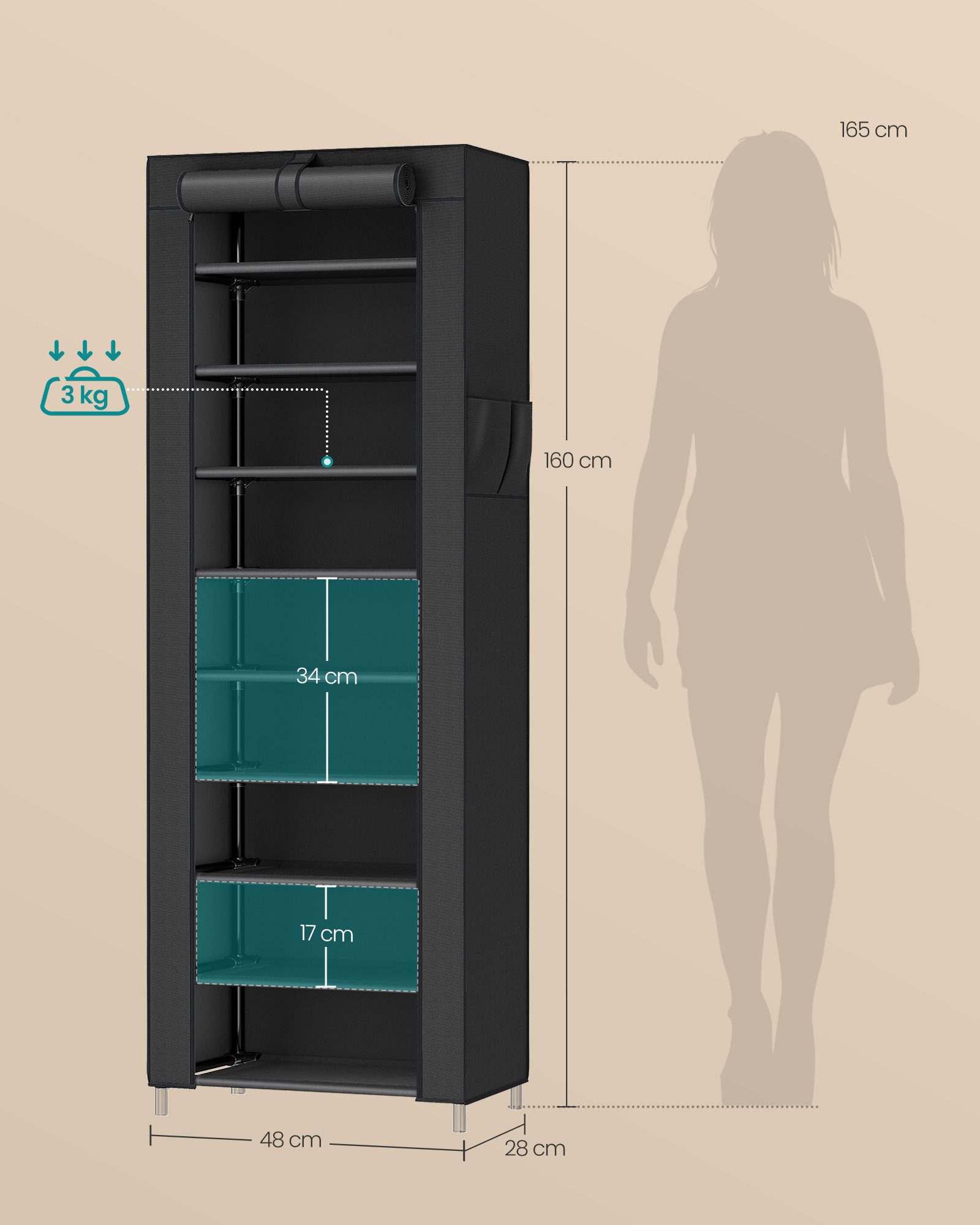 SONGMICS Schuhregal 10 Ebenen, Schuhschrank, Schuh-Organizer, für High Heels, Sportschuhe, 28x48x160 cm, Schuhaufbewahrung, staubdichtem Überzug, Metallgestell