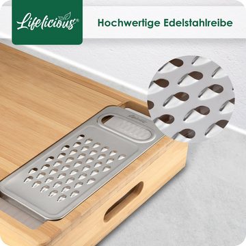 LIFELICIOUS Schneidebrett Multi-Schneidebrett aus Holz mit 4x Auffangschalen [inkl. Reibe], groß, Bambus, mit Saftrille & Griffmulden