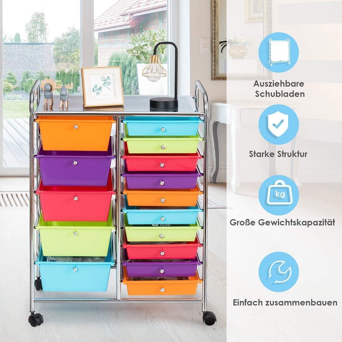 15 Schubladen, Bunt mit Metallgestell, stapelbare Bremsen Rollcontainer, COSTWAY