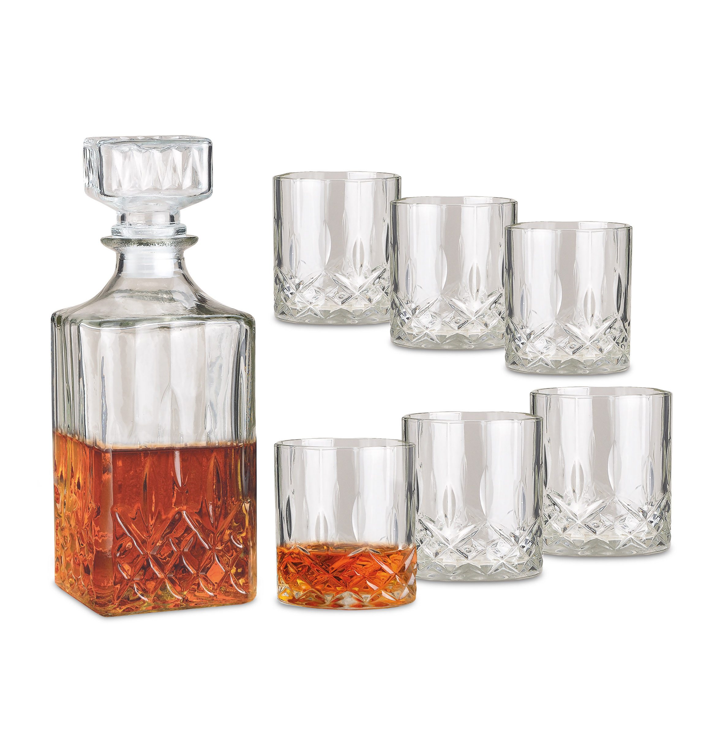 Woma Whiskyglas Whisky Glas Geschenk Set aus Kristallglas - 6 Gläser + 1 Karaffe, Kristallglas, Rum Dekanter mit Trinkglas