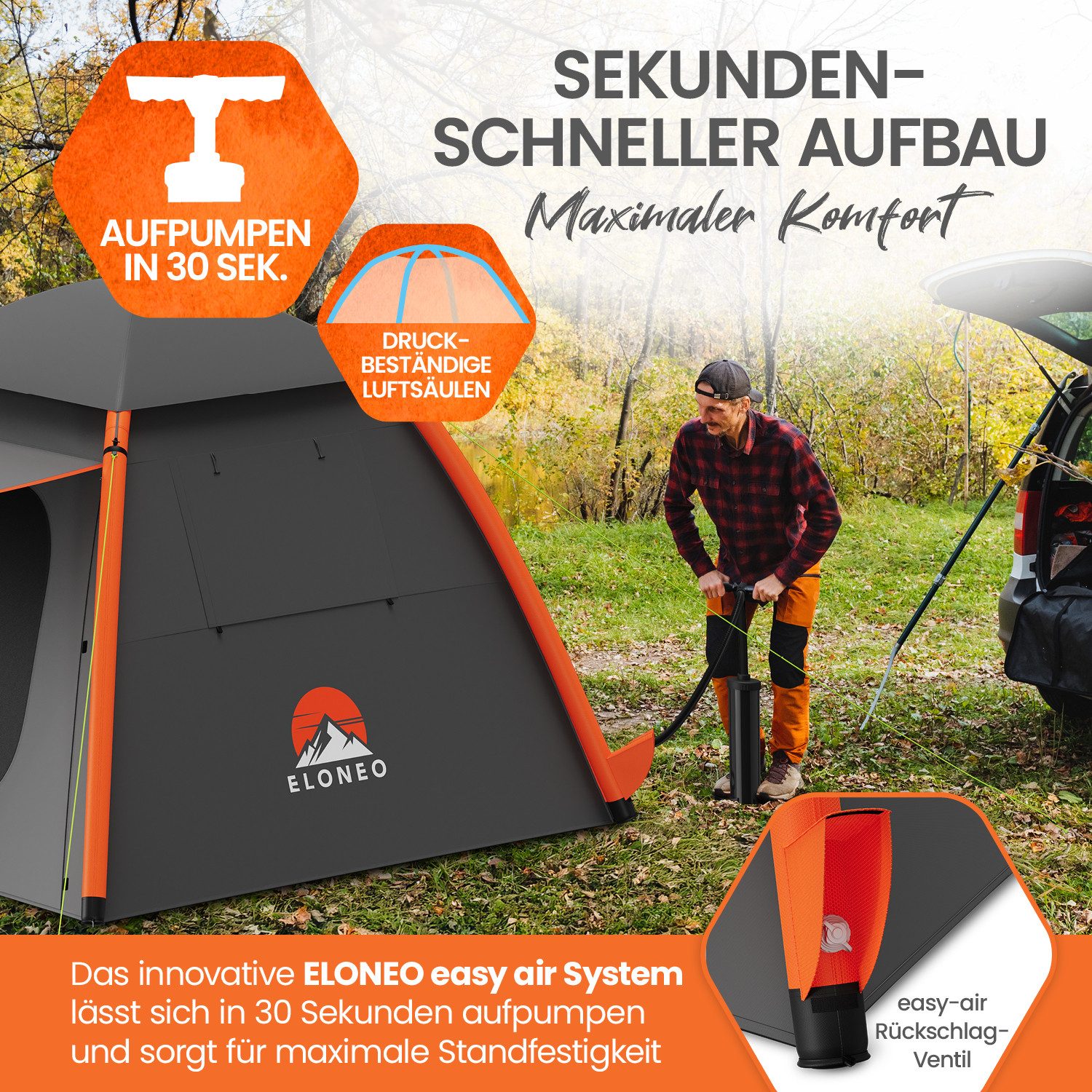 ELONEO aufblasbares Zelt mit Vordach & Luftpumpe, 1-4 Personen, Camping Zelt, Luftzelt, Personen: 4, Familienzelt, wasserdicht, ultraleicht, mit Outdoor Licht/LED Lampe