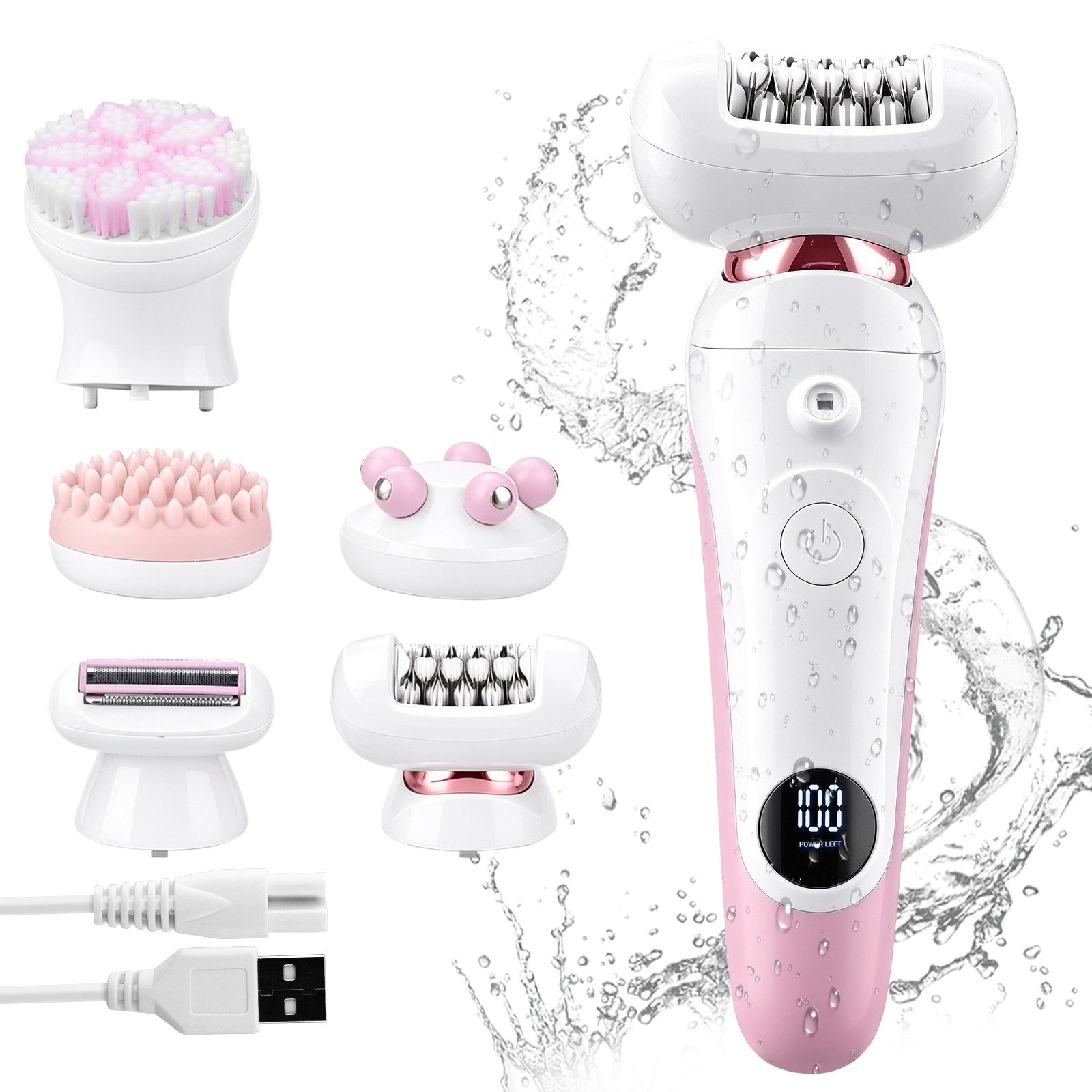 CkeyiN Epilierer Damen 5 IN 1 Damenrasierer IPX7 Nass und Trocken-Epilierer 6500U/min, Aufsätze: 5 St., mit Rasier-,Trimmer-,Gesichtsreinigung- und Pflege Aufsatz Reisesperre