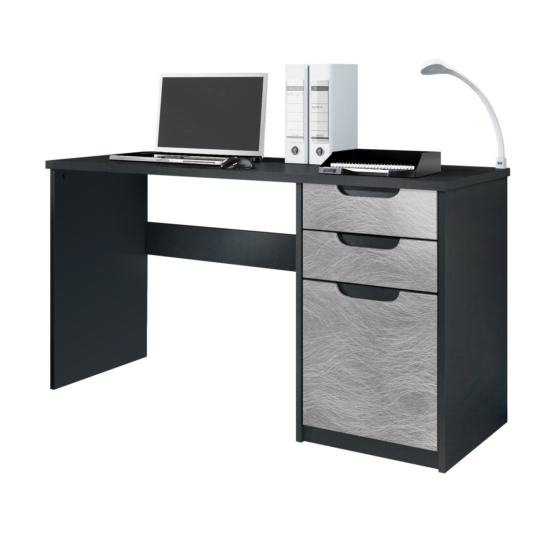 Vladon Schreibtisch Logan (Bürotisch, mit 2 Schubladen und 1 Tür), Schwarz matt/Scratchy Metal (129 x 76 x 60 cm) Fronten in Scratchy Metal