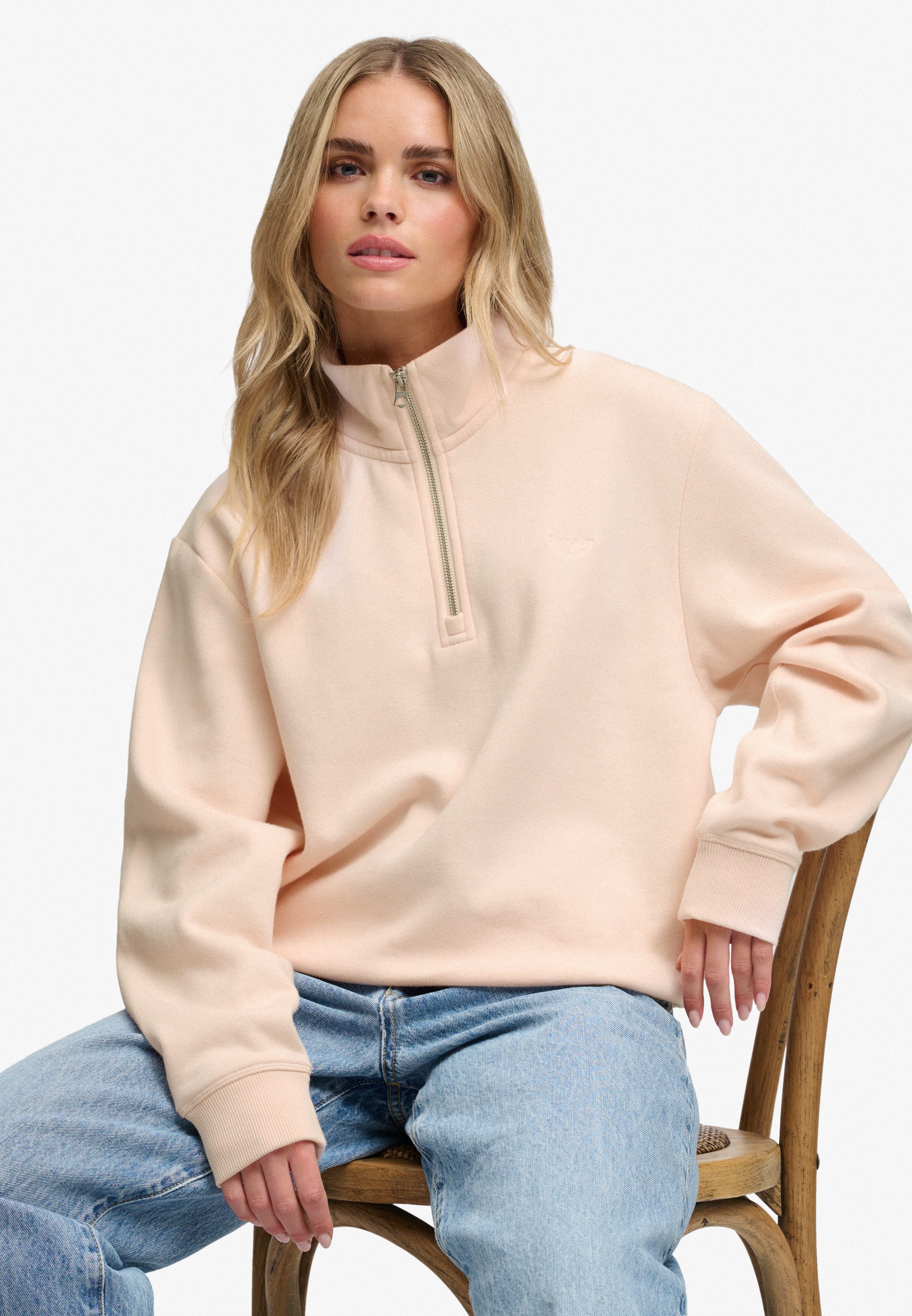 Superdry Sweatshirt SIGNATURE EMB HALF ZIP mit Stehkragen, aus Baumwolle und Polyester, Loose Fit, unifarben