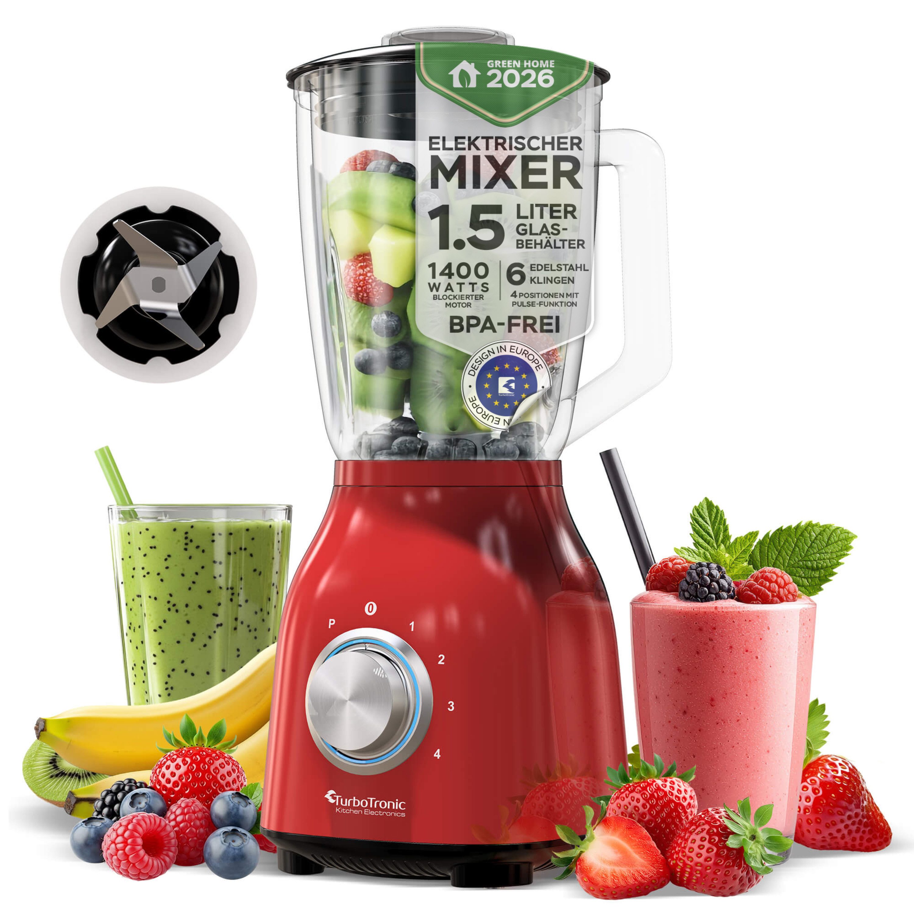TurboTronic by Z-Line Standmixer 1400 Watt Smoothie Maker1,5l Glas Hochleistungsmixer 6 Klingen, 4 Geschwindigkeiten, Pulse, BPA-frei, Nachfüllöffnung, Saugfüße