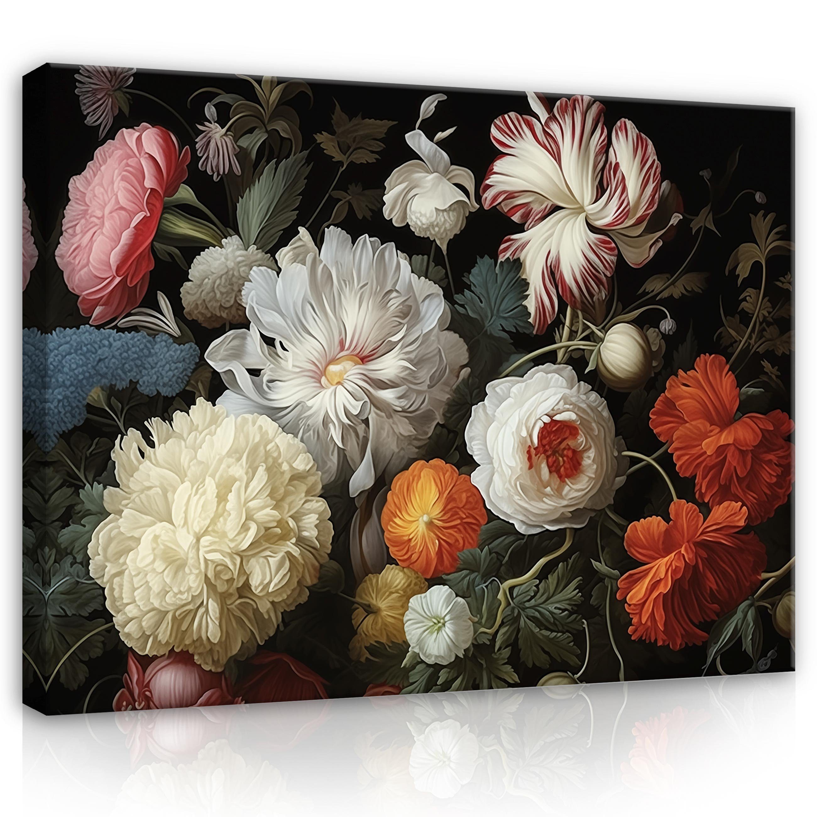 Wallarena Leinwandbild Blumen Vintage - Schwarz - Elegant - Wohnzimmer, Blumen, 40x30x2cm
