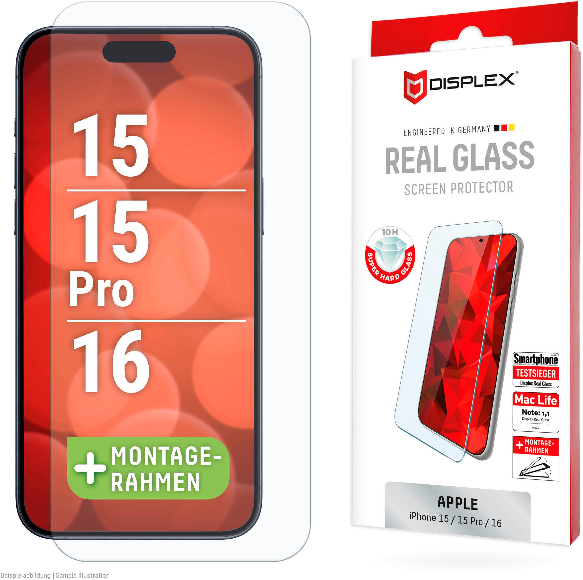 Displex Displayschutzglas Real Glass Screen Protection für Apple iPhone 15, Apple iPhone 15 Pro, Apple iPhone 16, Displayschutzfolie, Schutzfolie, Bildschirmschutz, kratz- & stoßfest