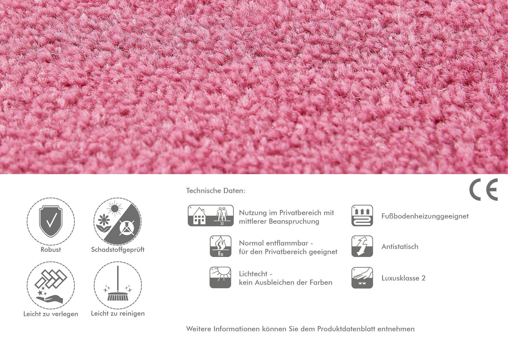 Farben, Coupon Andiamo, Breite Ines, rechteckig, 8,5 & 400 pflegeleicht Teppichboden cm, mm, pink Höhe: Kräuselvelours strapazierfähig Uni
