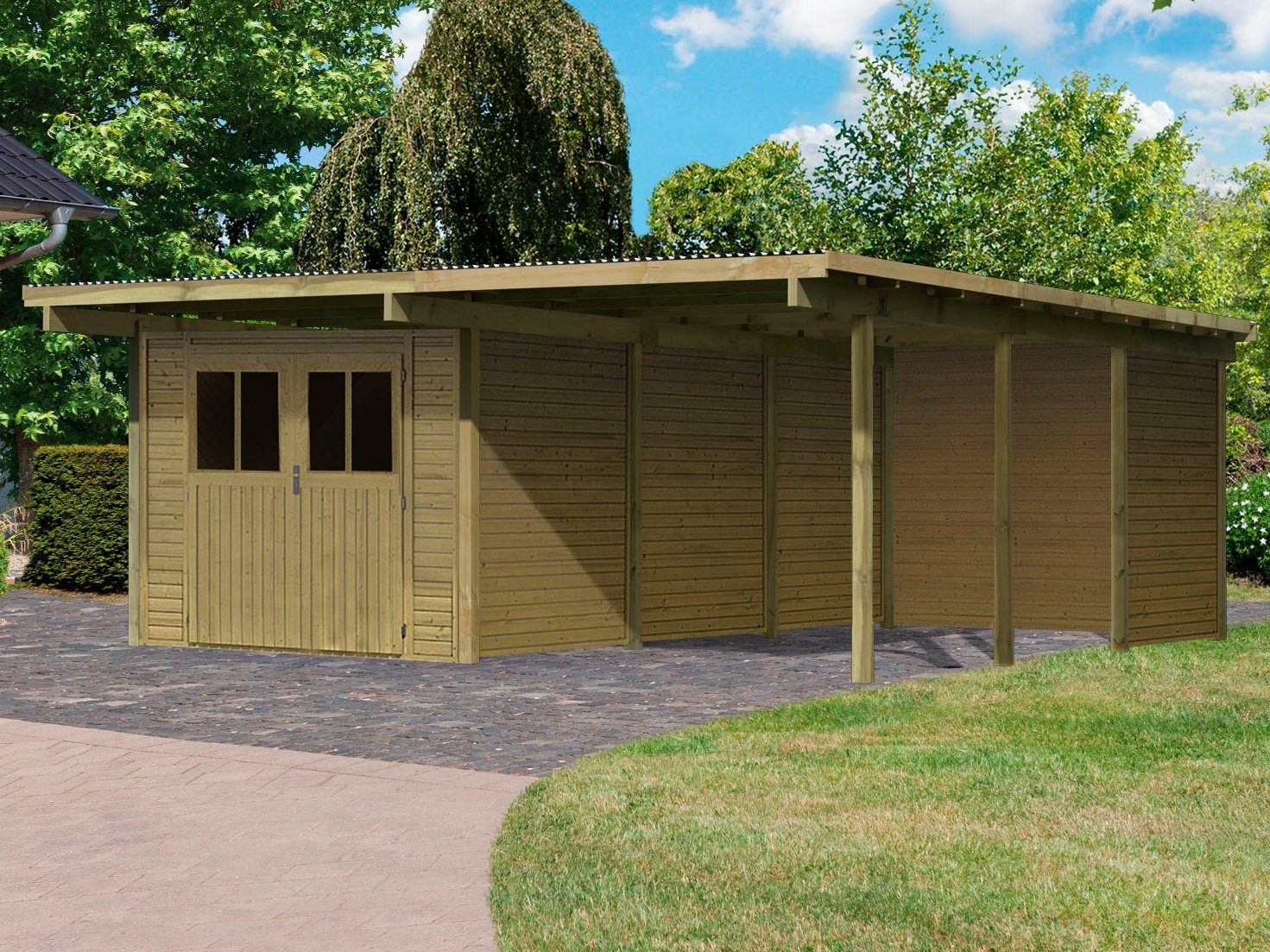 (Set), Eco cm 563x676 mit kesseldruckimprägniert Doppelcarport Nordisches Einfahrtshöhe, Geräteraum, 206 cm, 2, (kdi) BxT: Fichtenholz Karibu