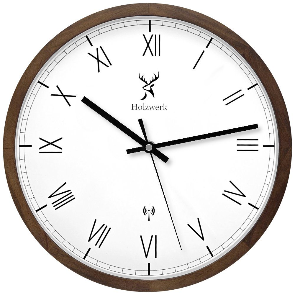 Holzwerk Funkwanduhr Designer Loft Funk Holz Wand Uhr, römische Ziffern (Na günstig online kaufen