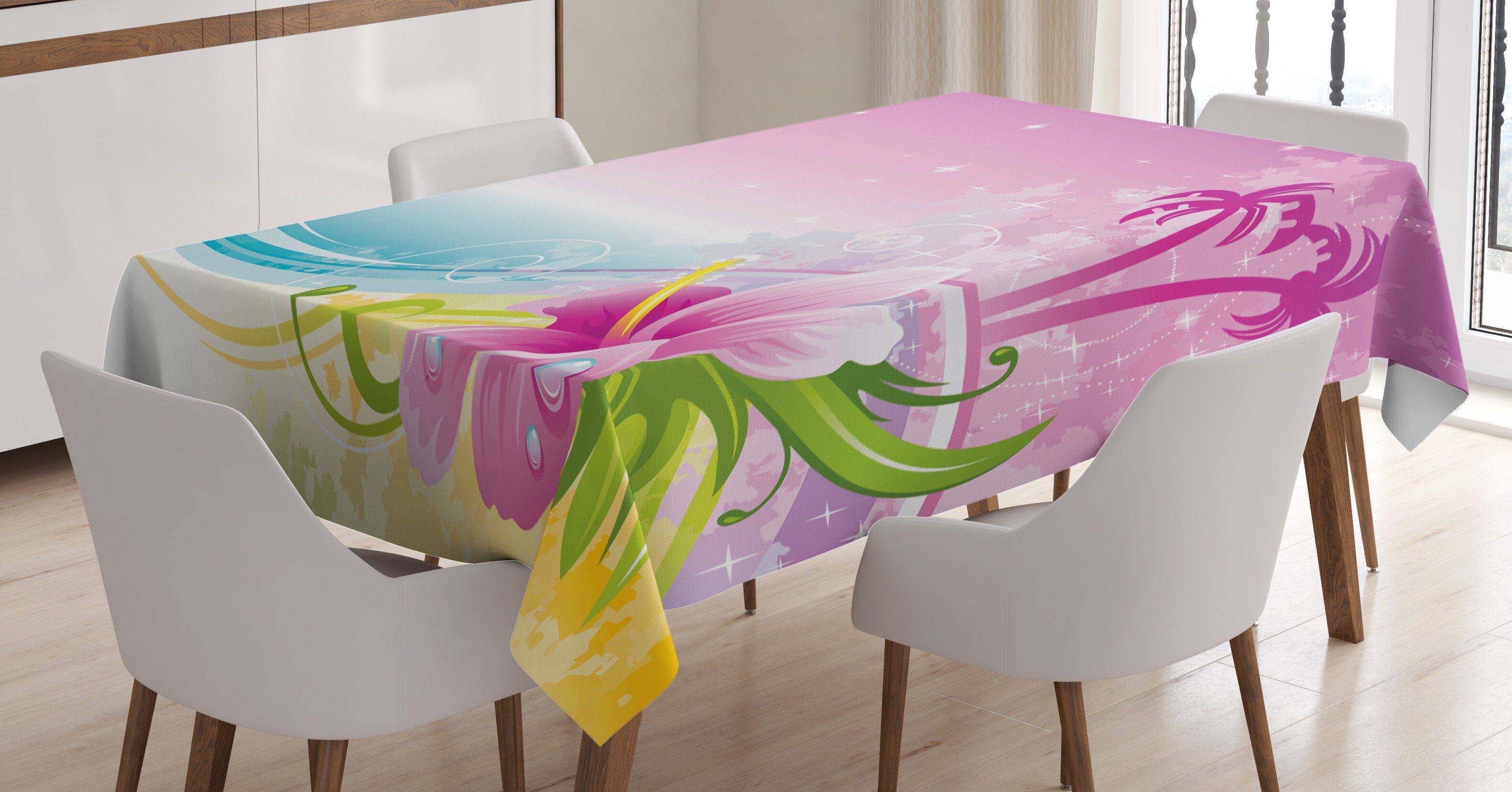 Abakuhaus Tischdecke Farbfest Waschbar Für den Außen Bereich geeignet Klare Farben, Luau Zusammenfassungs-Wellen Hibiscus Palms