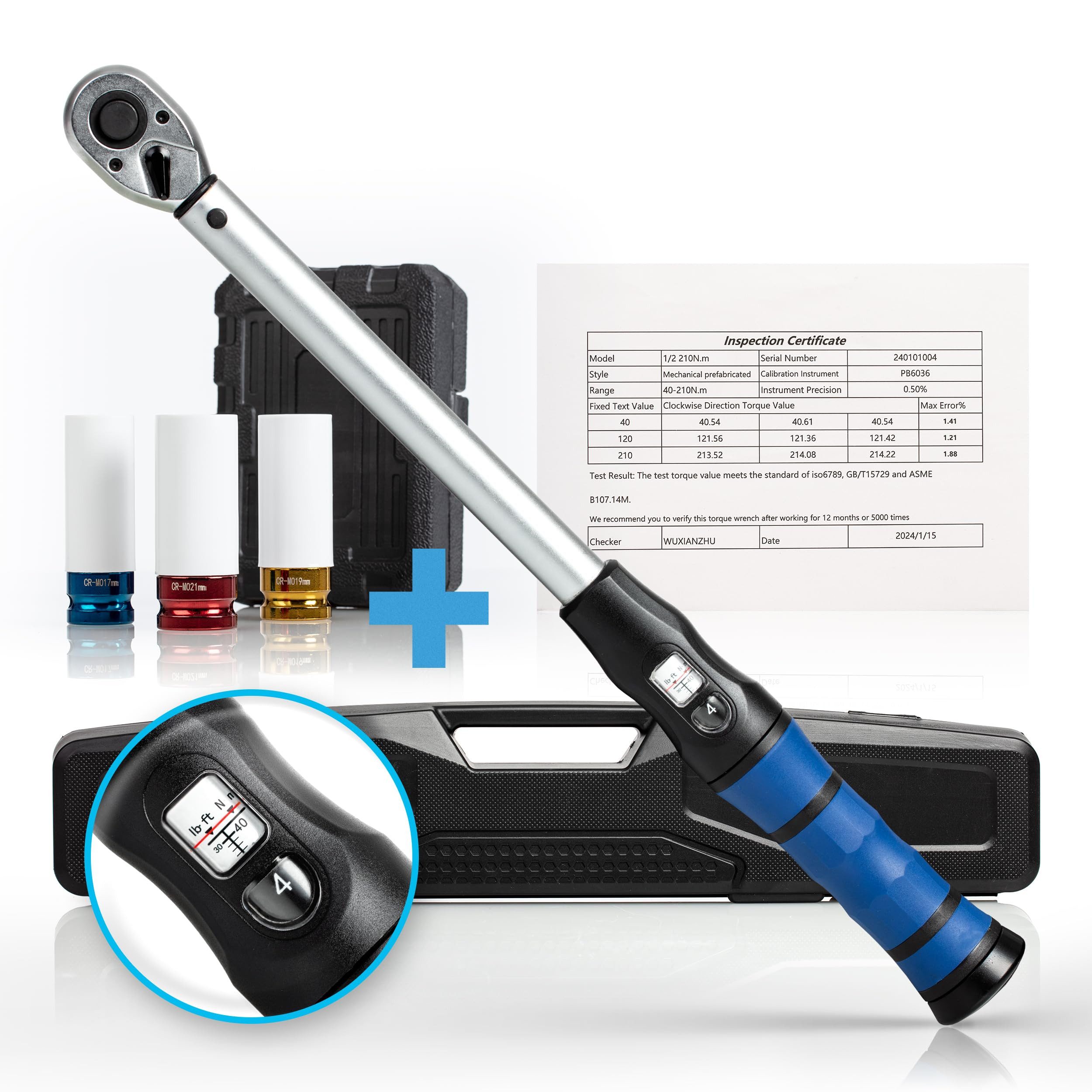 NTG Nutzfahrzeug Technik GmbH Drehmomentschlüssel 1/2" Zoll 40-210Nm + Schonnüsse für Alufelgen SET + Koffer