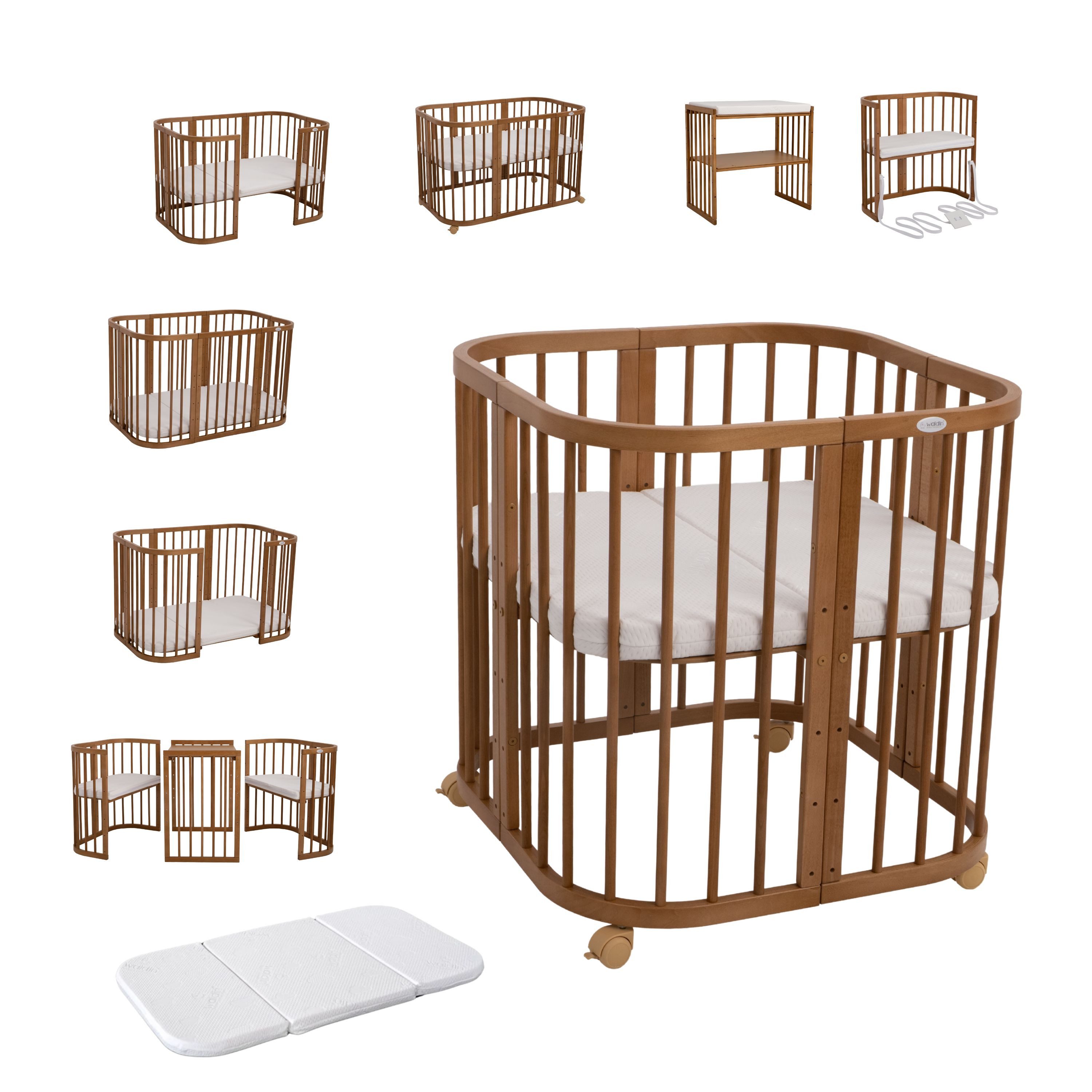 Waldin Babybett Mobiles Babybett aus Holz 7in1 mit Matratze, mitwachsend günstig online kaufen