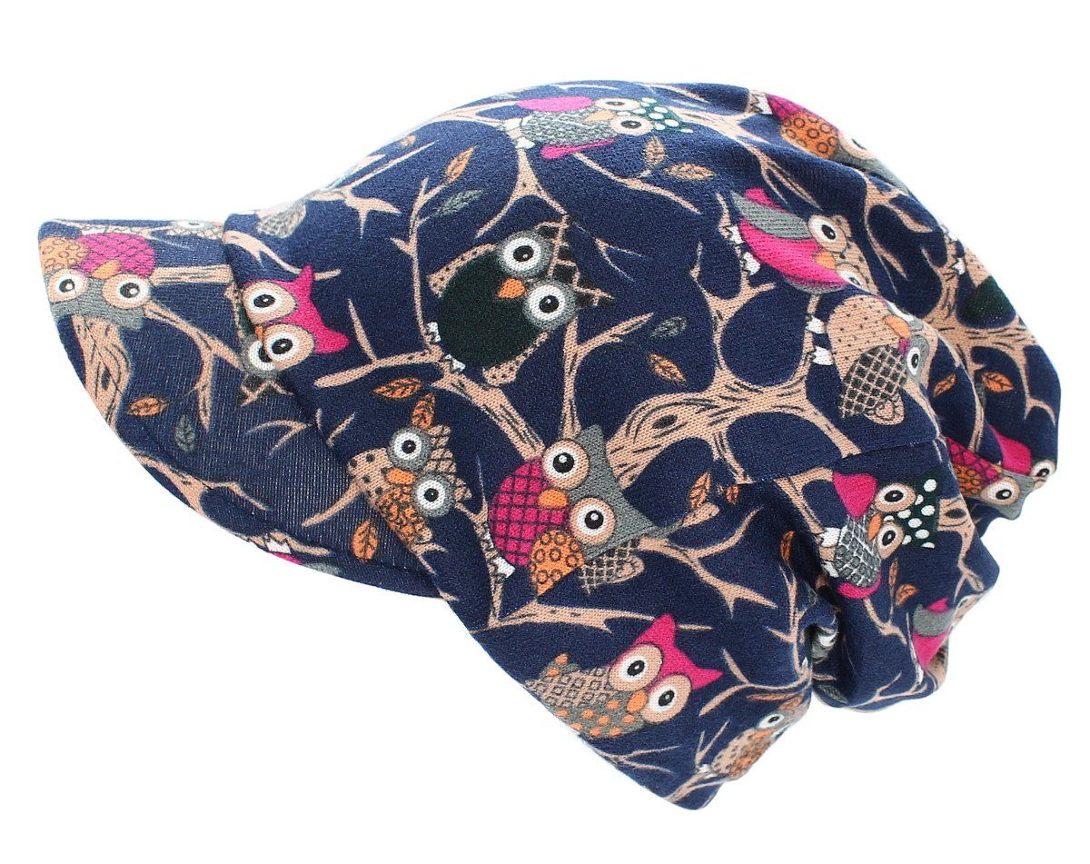 dy_mode Schirmmütze Damen Schirmmütze Beanie Schirm Kappe mit Eule Bunt Mütze Muster weichem BlueOwl