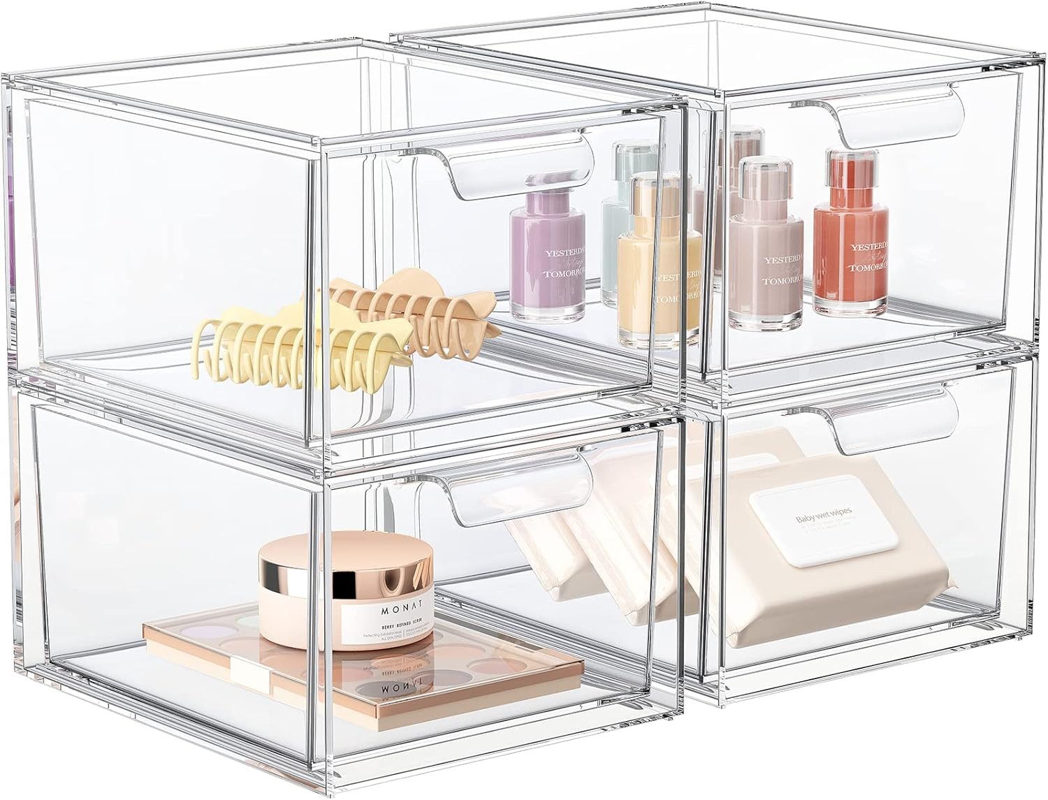 Refined Living Organizer 2er/4er/6er Set Stapelbare Acryl Make-up Organizer mit Ausziehgriffen (Acryl Aufbewahrungsschubladen, Kosmetik Organizer, Stapelbare Schubladenbox, Staubdichte Schubladen, Multifunktionale Aufbewahrung, Speisekammer,Transparentes Design, 4 St., BPA-freiem, Platzsparend, robustem, wasserdicht und staubdicht), für Schminktisch, Speisekammer, Schreibtisch, Unterschrank, Küche, Bad