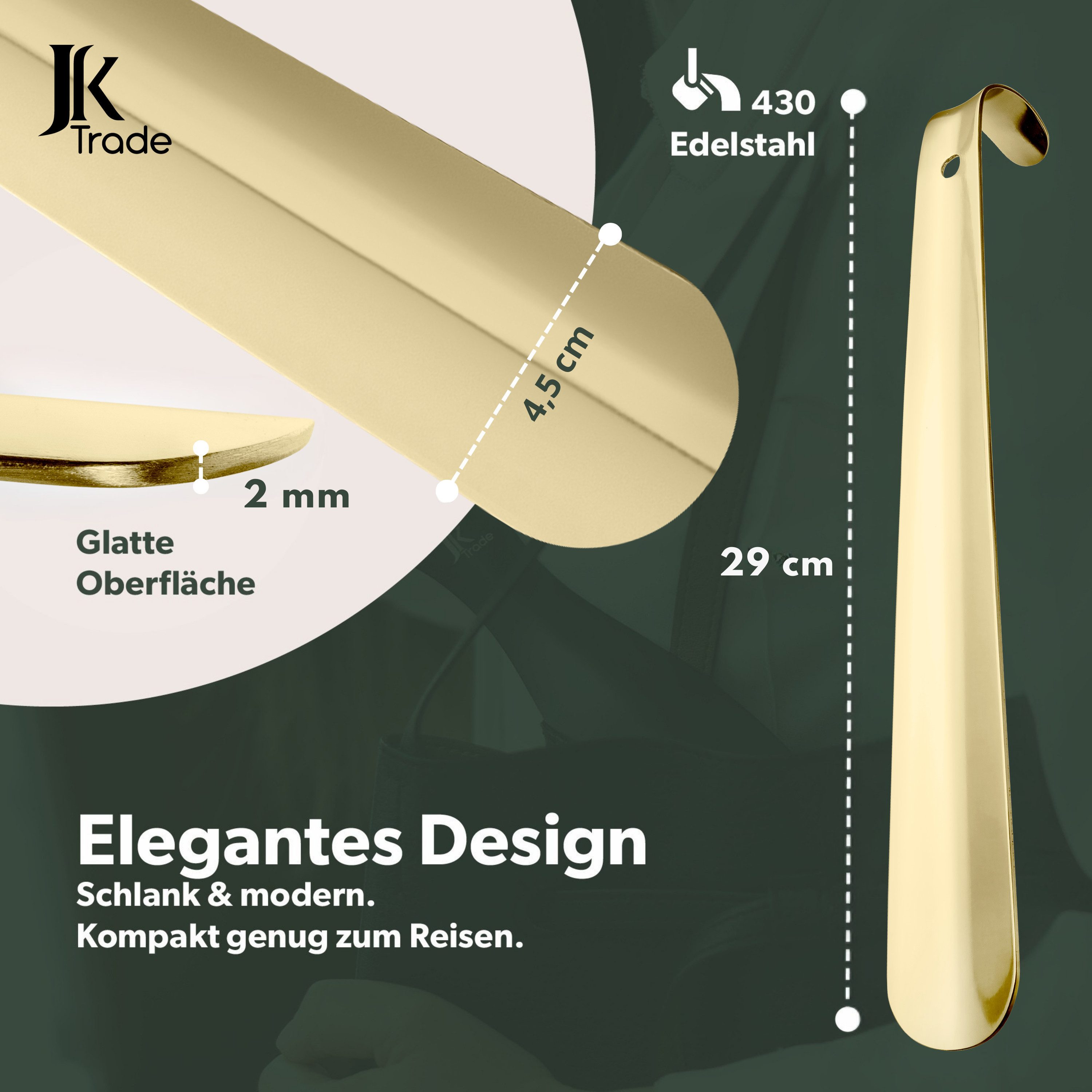 JK Trade Schuhlöffel 29cm Edelstahl Gold poliert (1-tlg., klein & stabil), für jede Sporttasche – Aufhängbar & hochwertig verarbeitet