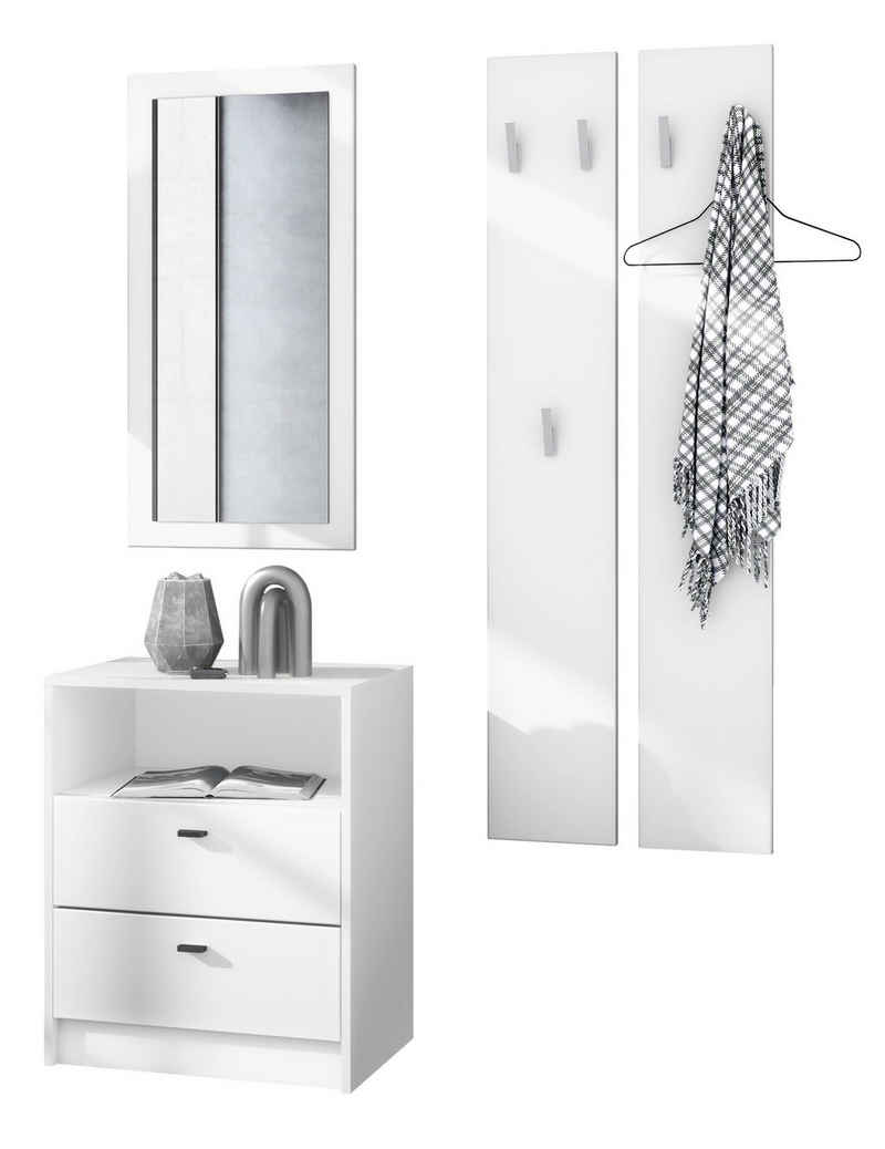 Vladon Garderoben-Set Pino, (Garderobenset bestehend aus 1 Kommode, 1 Wandspiegel und 2 Garderobenpaneele), Weiß matt (ca. 130 x 185 x 36 cm)