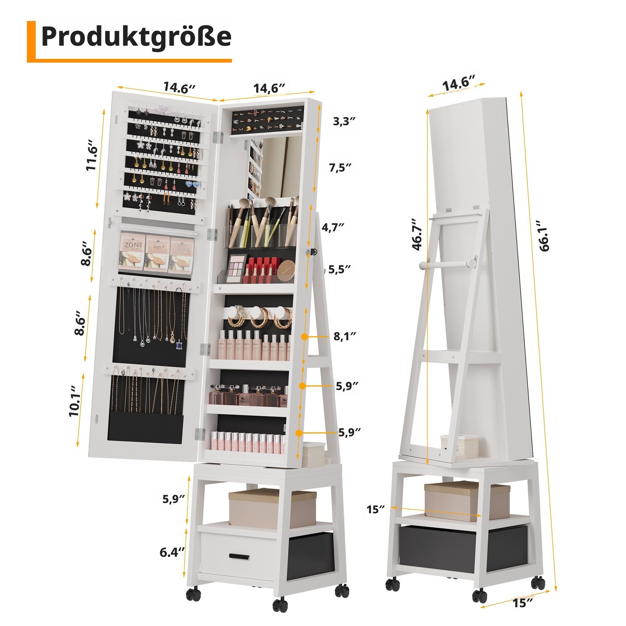 GarveeMore Schmuckschrank Großer Schmink- und Ganzkörperspiegel mit LED-Licht (3 Farben) (1-St) inkl. Sicherheitsschloss & 360° Rollen, 37×38×168 cm, weiß – Bild 2 von 5