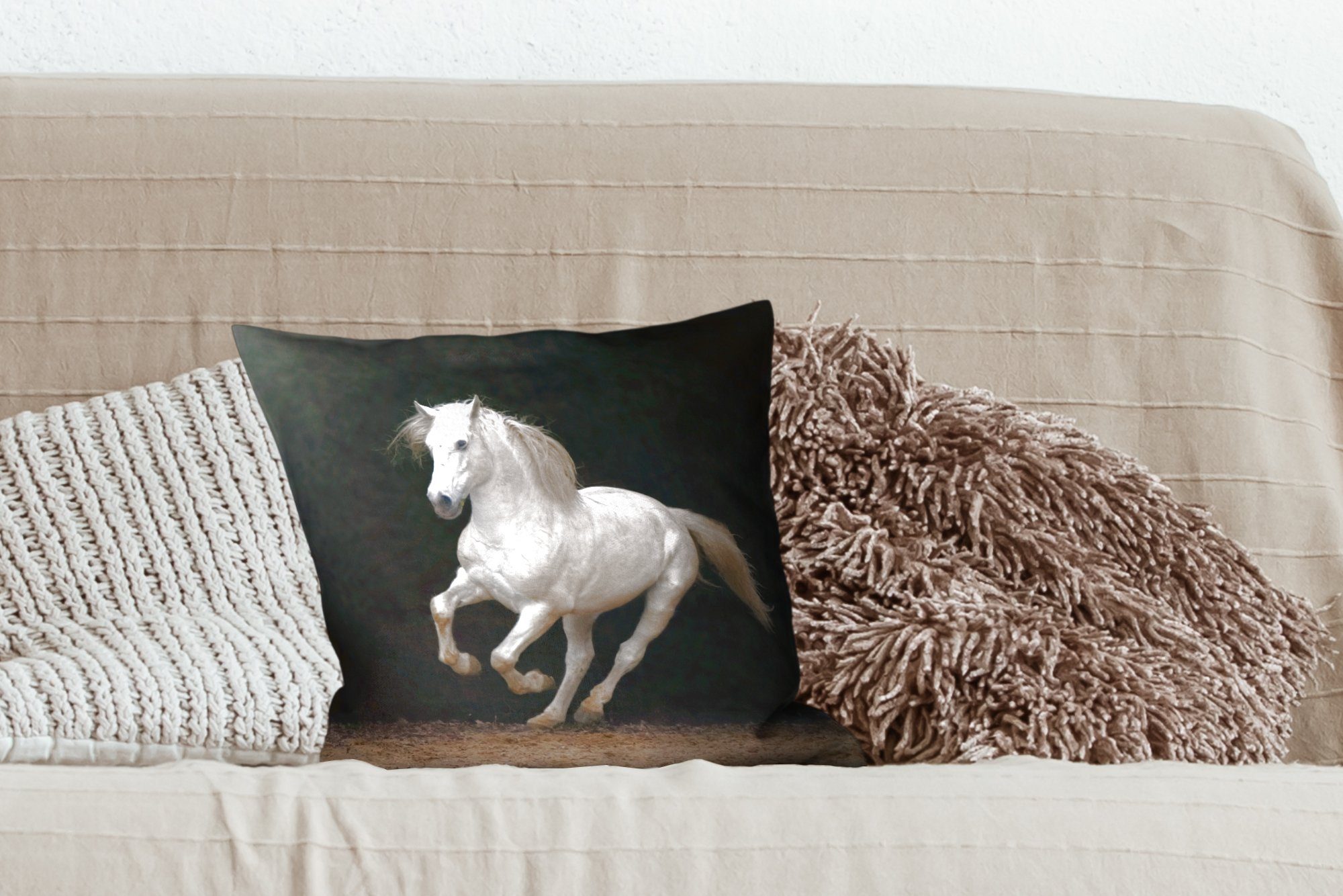 Deko, mit Schwarz Pferde - - für Dekokissen Sofakissen Schlafzimmer, Porträt, Füllung MuchoWow Zierkissen Wohzimmer,