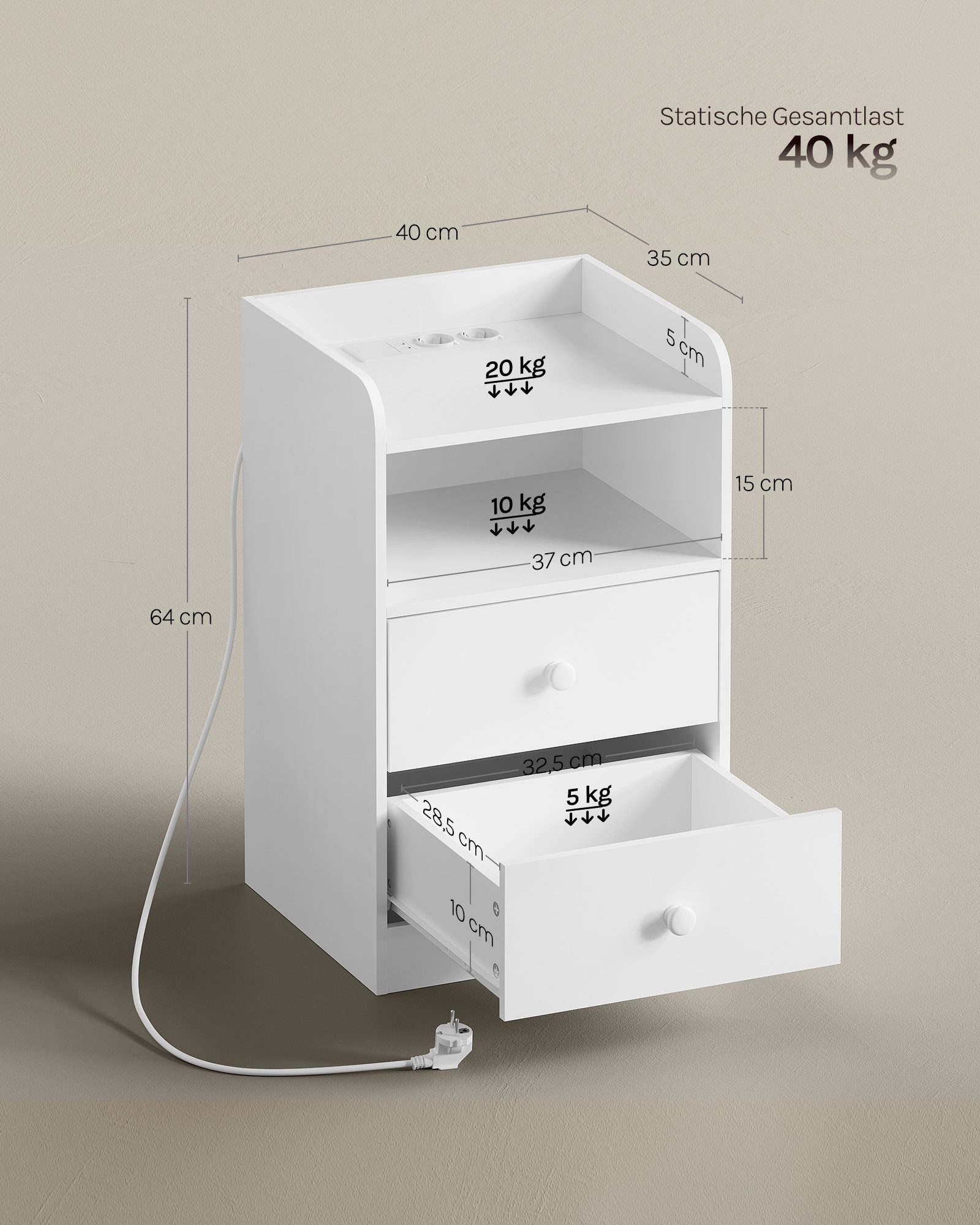 Woltu Nachttisch (1-St), Ladefunktion LED-Licht, 2 Steckdosen 2 USB