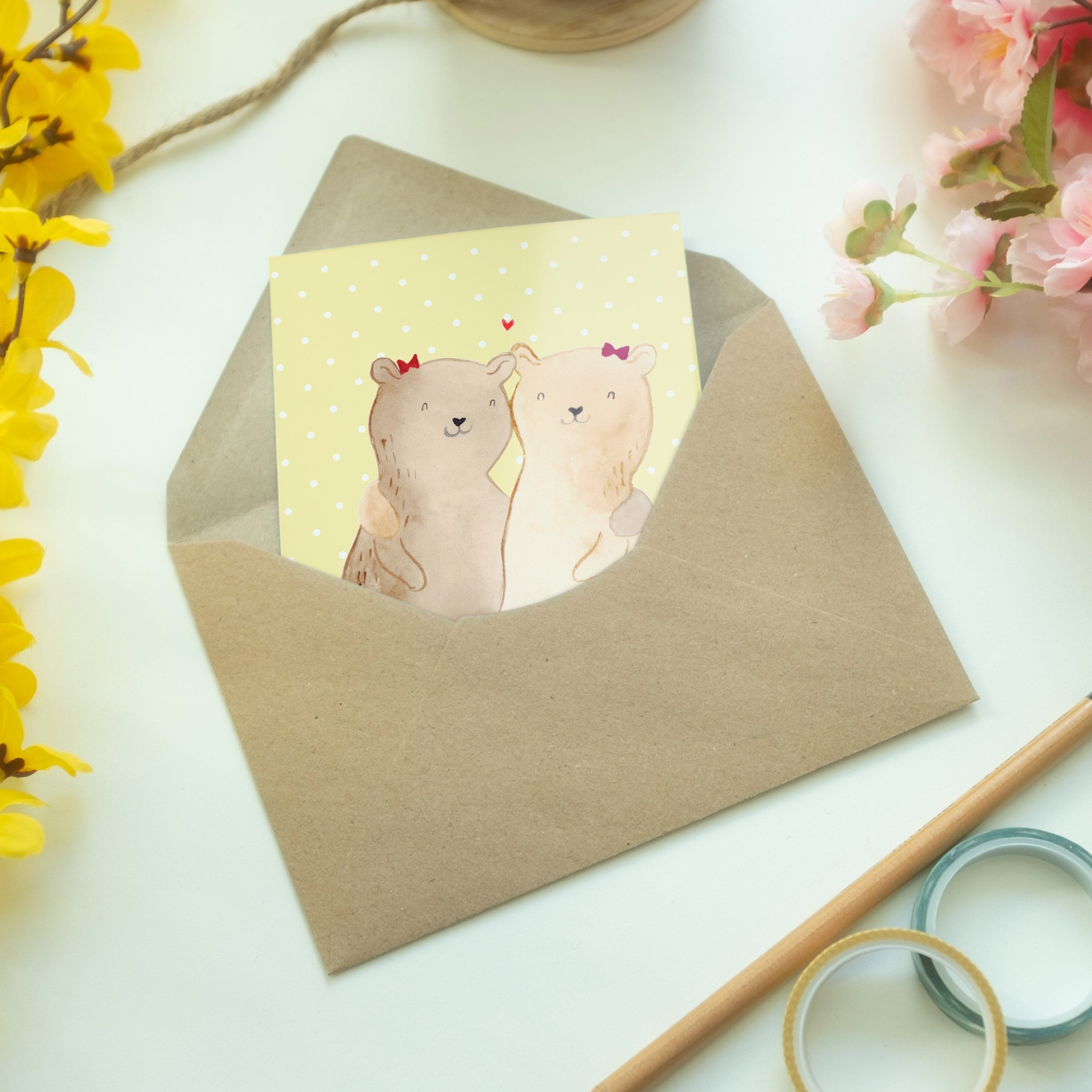 - Geschenk, & Hochzeitskarte, Pastell - Mr. Panda Mrs. Schwestern Gelb Bären Grußkarte Klappkart