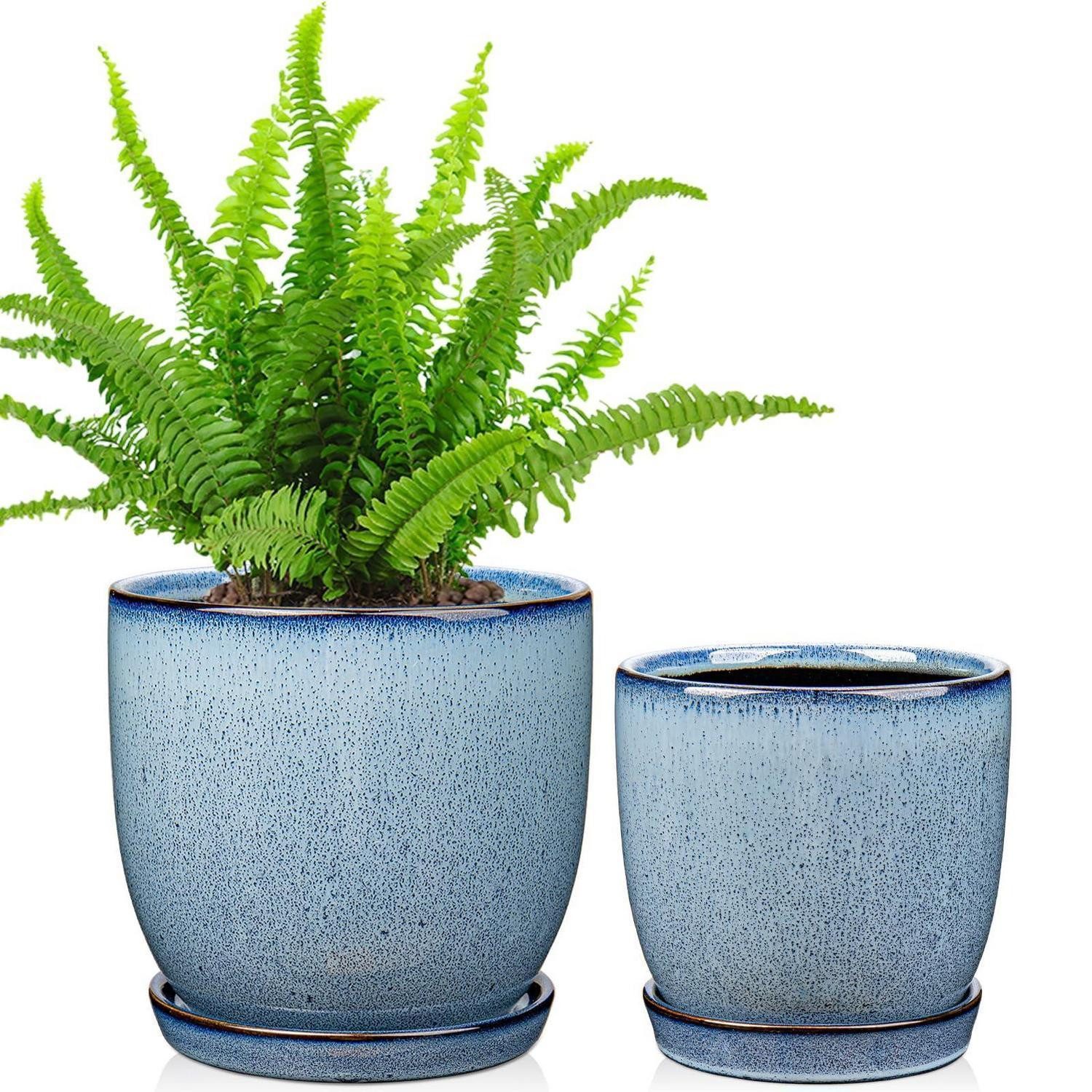 LuxusKollektion Übertopf Übertopf Keramik 2er Set 15cm 12cm Drainageloch Blau Blau-3