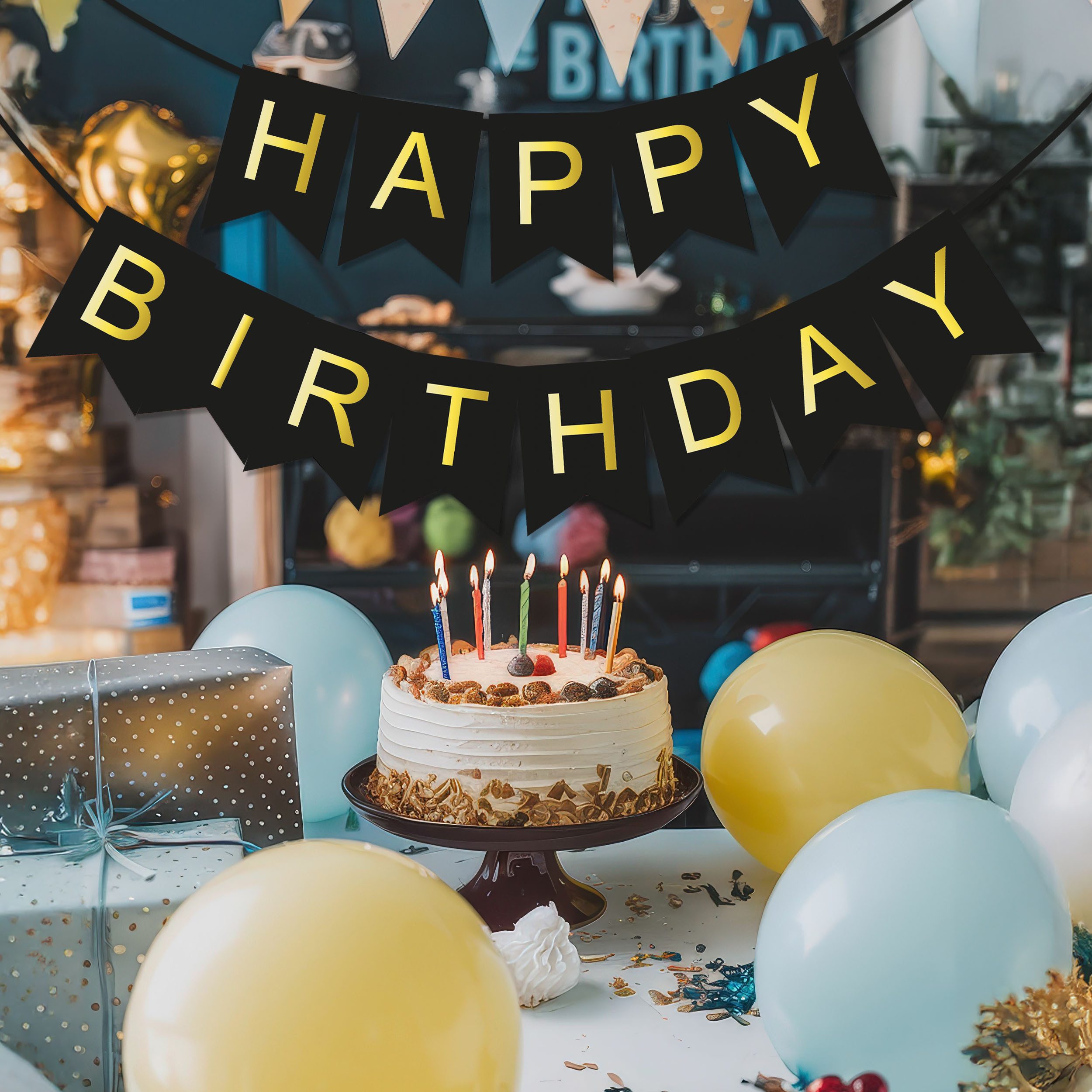 BRUBAKER Wimpelkette Happy Birthday - Geburtstag Girlande Schwarz Gold - Party Banner 5 m, Geburtstagsdeko für Erwachsene und Kinder - Geburtstagsdekoration – Bild 4 von 4
