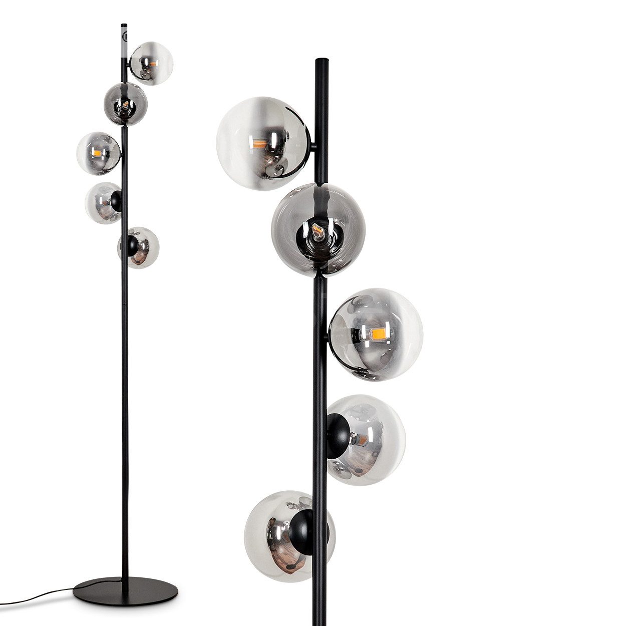 Stehlampe Stehlampe aus Metall/Glas in Schwarz/Rauchfarben/Klar