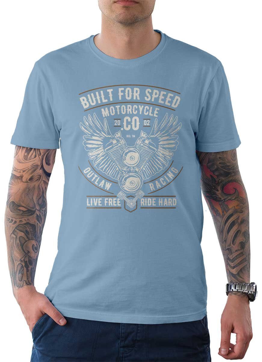 Rebel On Wheels T-Shirt Herren T-Shirt Tee Built For Speed mit Biker / Motorrad Motiv Hellblau