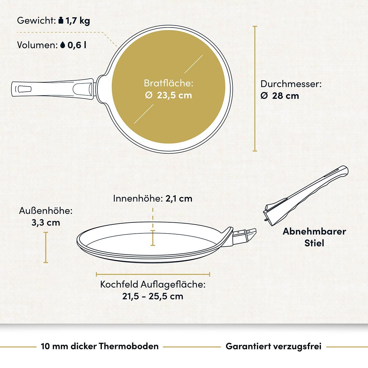 Hoffmann Germany Crêpepfanne Crepe Pfanne Ø 28 cm, Made in Germany alle Herdarten, Aluguss (1-tlg., 1x Crêpepfanne Ø 28 cm), abnehmbarer Griff, Induktion, Antihaft, einseitig erhöht
