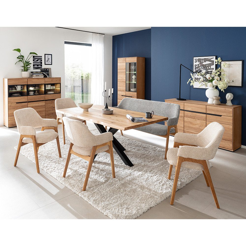 Lomadox Esszimmer-Set AVESTA-06, (Spar-Set, 4-St., Highboard Sideboard Vitrine), in Eiche teilmassiv, grifflos, LED-Beleuchtung, Esstisch 180x100 cm