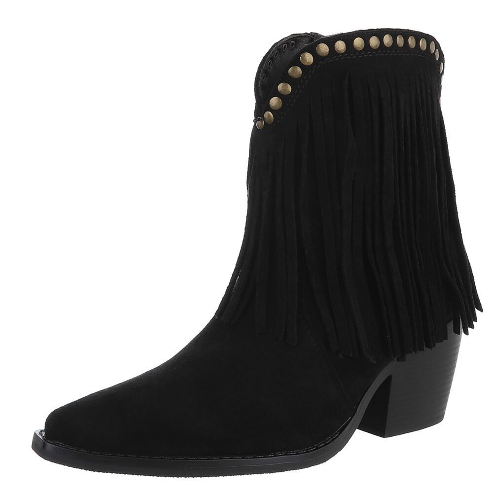 Ital-Design Полусапожки mit Fransen und Nieten für Damen Westernstiefelette (90704206) Blockabsatz Полусапожки in Schwarz