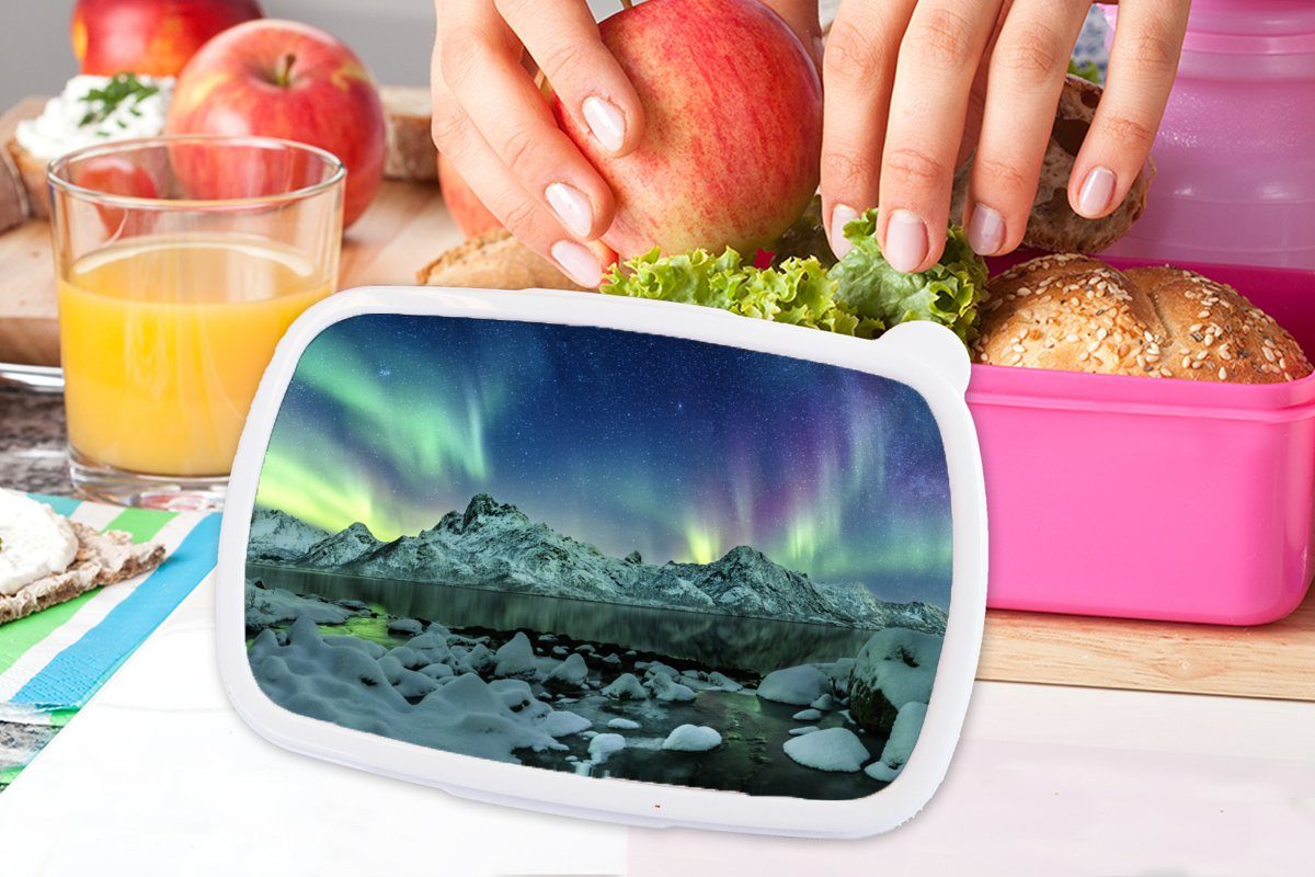 MuchoWow Lunchbox Meer - Eis (2-tlg), Winter für Mädchen, Erwachsene, Brotbox rosa Nordlicht - Kunststoff - Snackbox, Brotdose - Kunststoff, Natur, Kinder