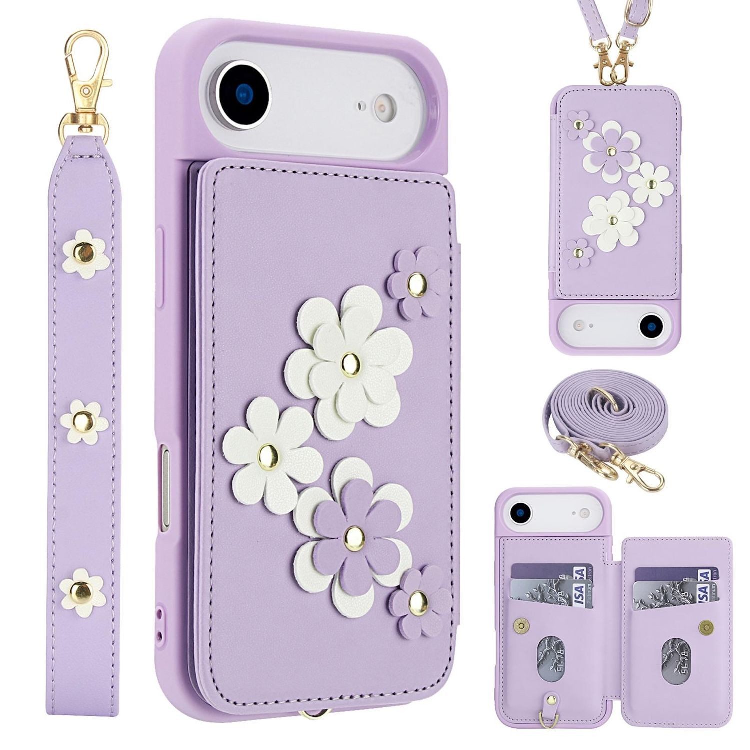 Wigento Handyhülle Für Apple iPhone 17 Air Crossbody Kunstleder Blumenmuster Hülle Lila, Mit Kartenfächern, Gurt, Kickstand-Funktion