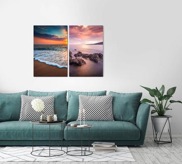 Sinus Art Leinwandbild 2 Bilder je 60x90cm Sandstrand Ozean Sonnenuntergang Wellen Horizont Meer Felsen