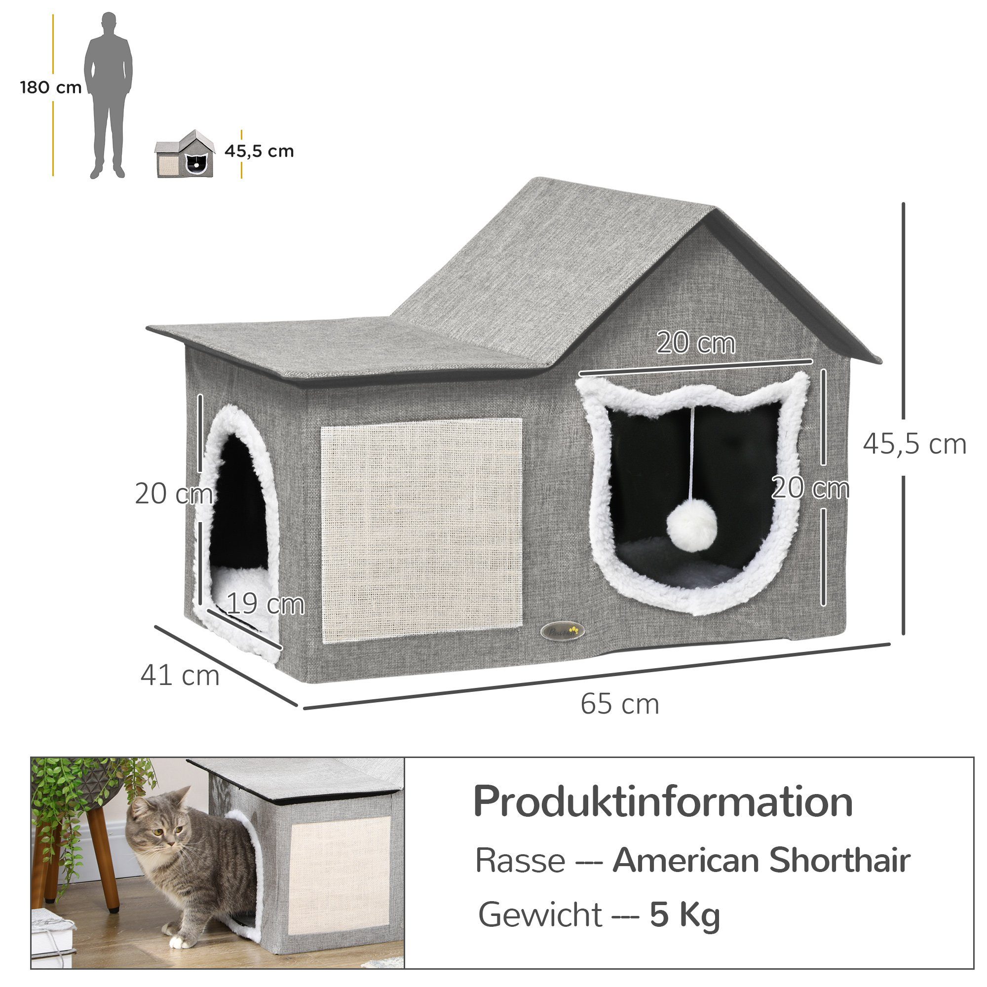 PawHut Tierbett Katzenhütte mit Doppeltüren, Kuschelhöhle mit Kissen, Spielball, MDF, Leinenimitat(100% Polyester), Plüsch, Sisal, 65L x 41B x 45.5H cm