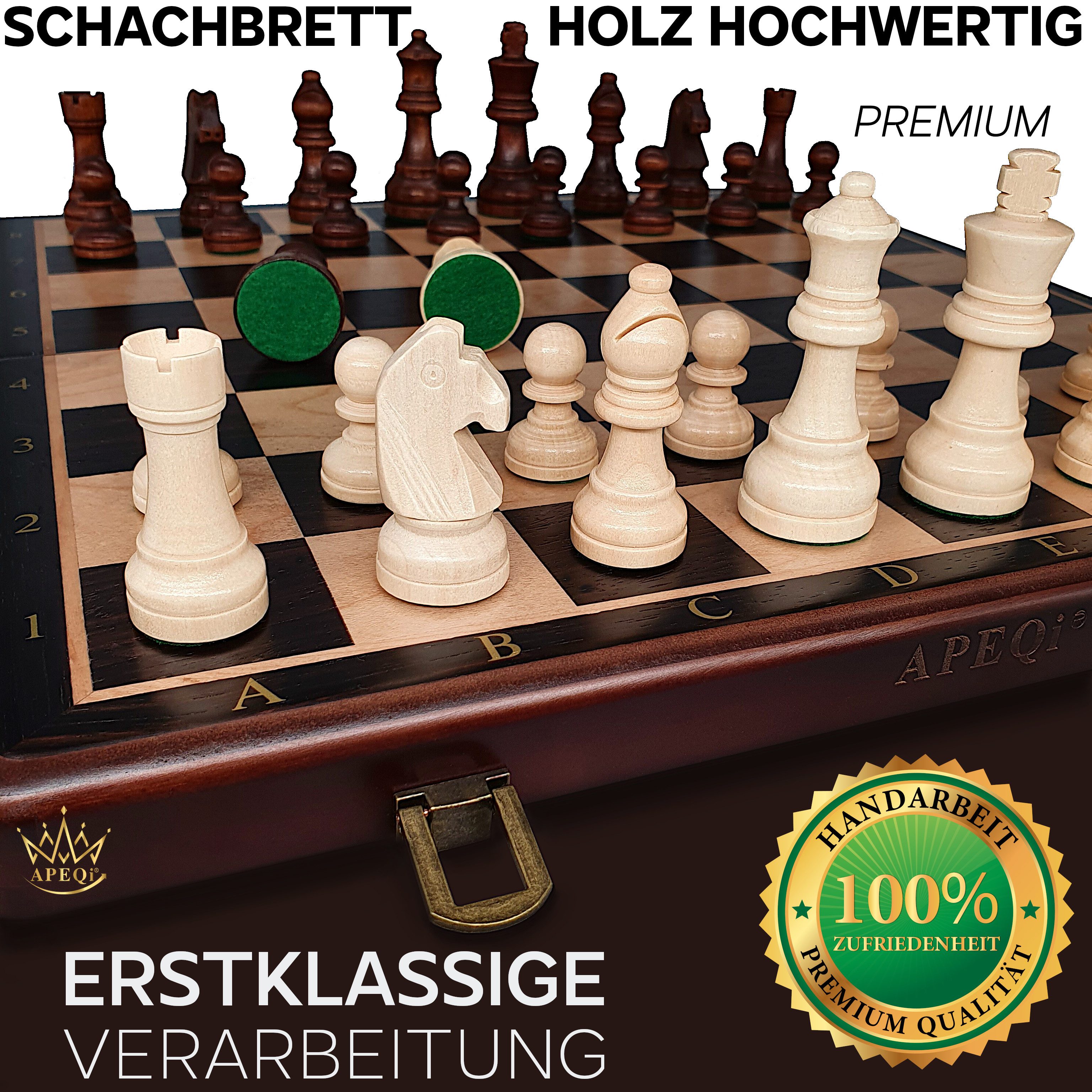 APEQi Spiel PREMIUM Schach - Schachspiel Holz hochwertig - Schachbrett mit Figuren, Massivholz, 2 EXTRA-Damen, Geschenkidee, klappbar, 34 Schachfiguren