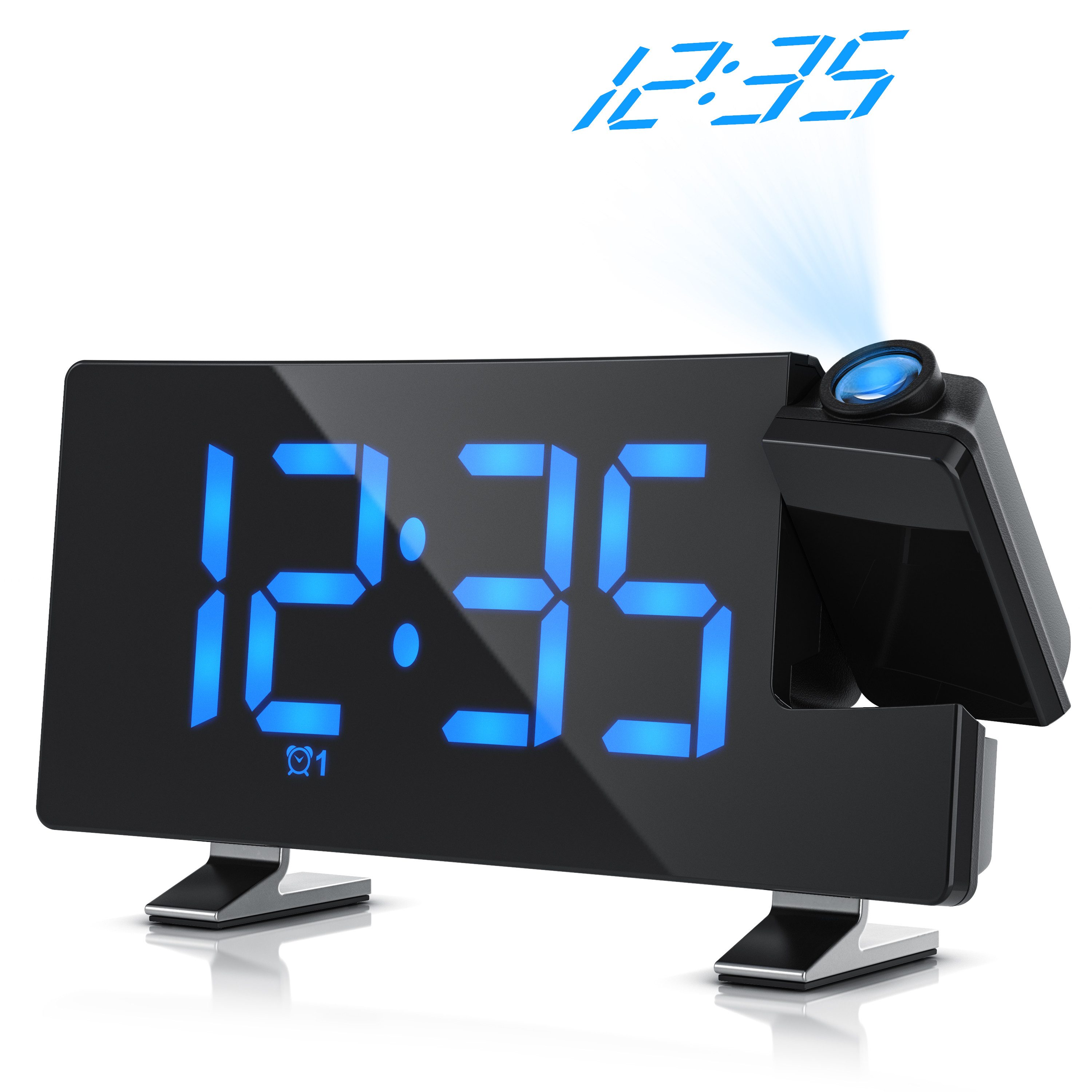 Projektionswecker Dimmer, 15 FM Radiospeicher, große blaue Ziffern, Snooze 5-60 min.