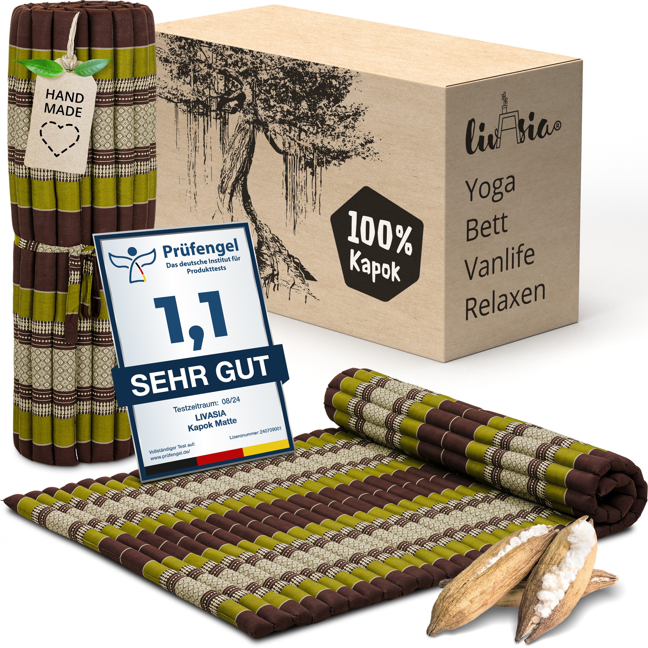 Naturmatratze Rollmatte 110 cm - 200x110x4,5cm, livasia, 4,5 cm hoch, Kapok, vegan, handgefertigt