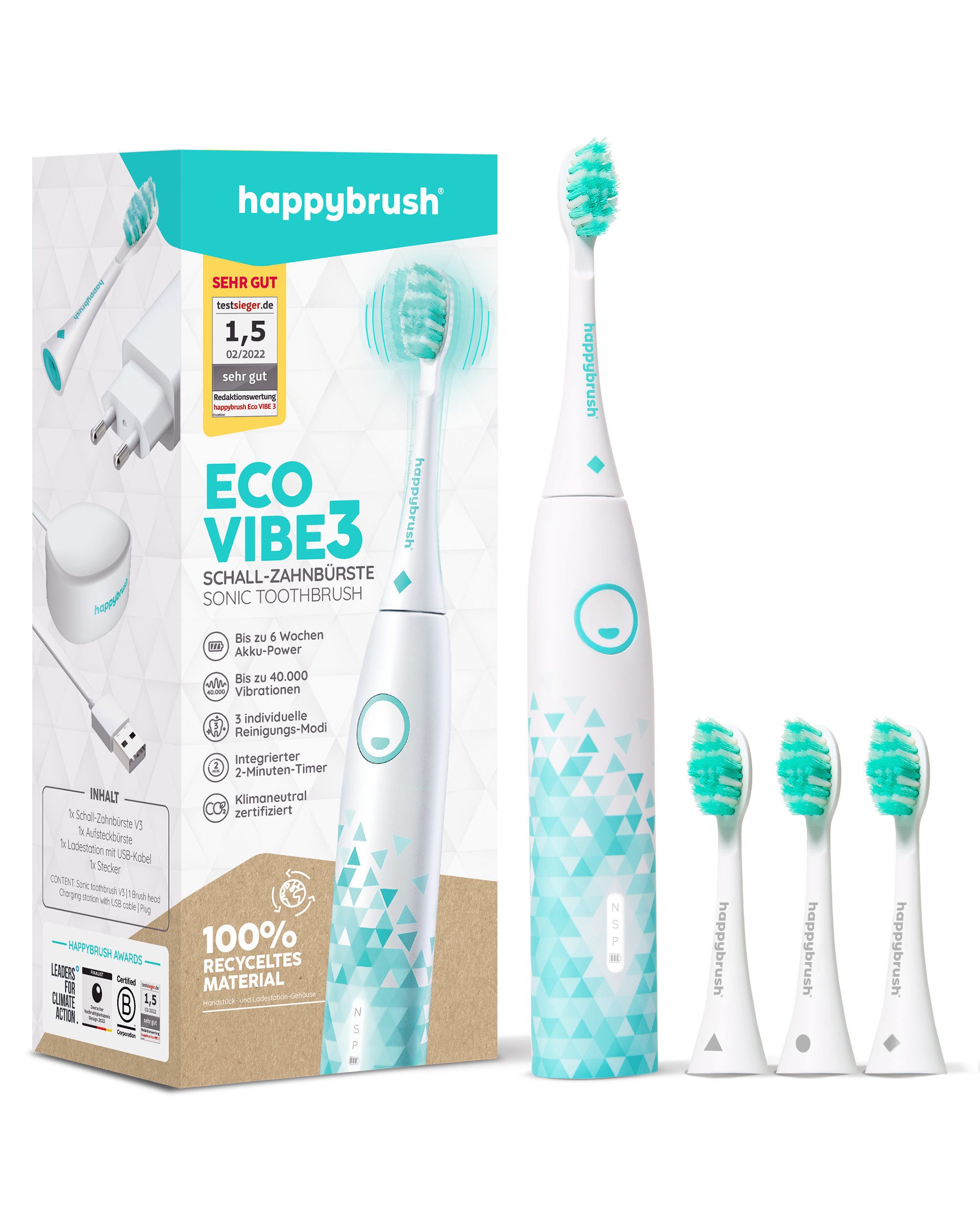 happybrush Schallzahnbürste Eco VIBE 3 White-Mint, Aufsteckbürsten: 4 St., Eco Vibe 3, 3 individuelle Putz-Modi, Schalltechnologie