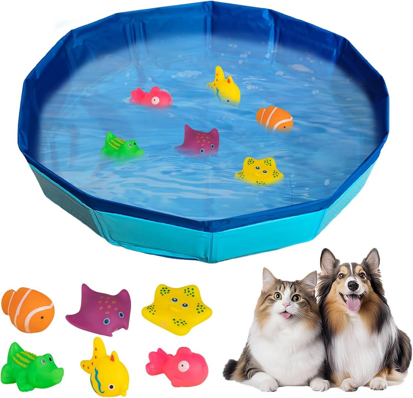 FOUORTUNATE-BEE Hundepool Faltbarer Haustierpool mit 6 Fischen für Katzen und Hunde, Mini-Schwimmbecken für Katzen und Hunde – ideal im Sommer