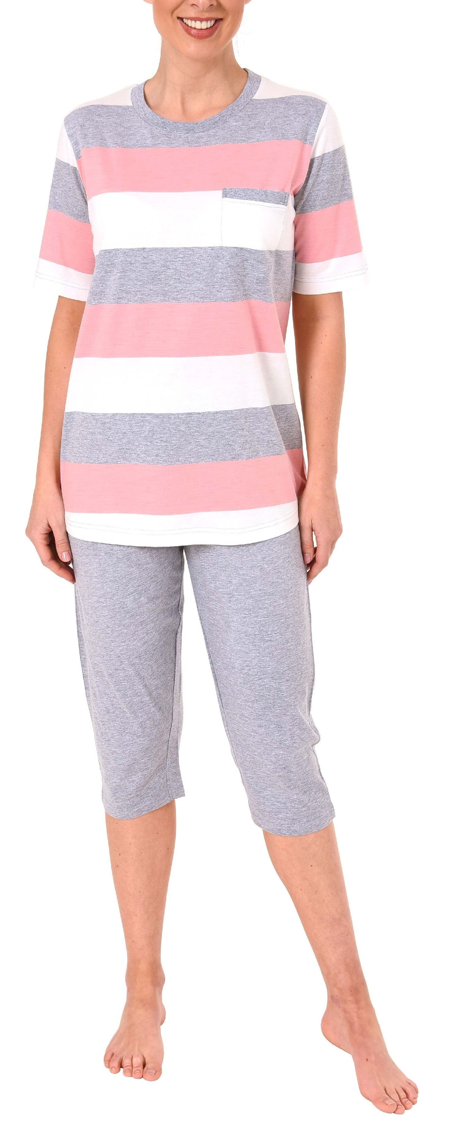 Pyjama Capri rosa kurzarm Blockstreifen Damen mit Hose in Optik Normann Pyjama