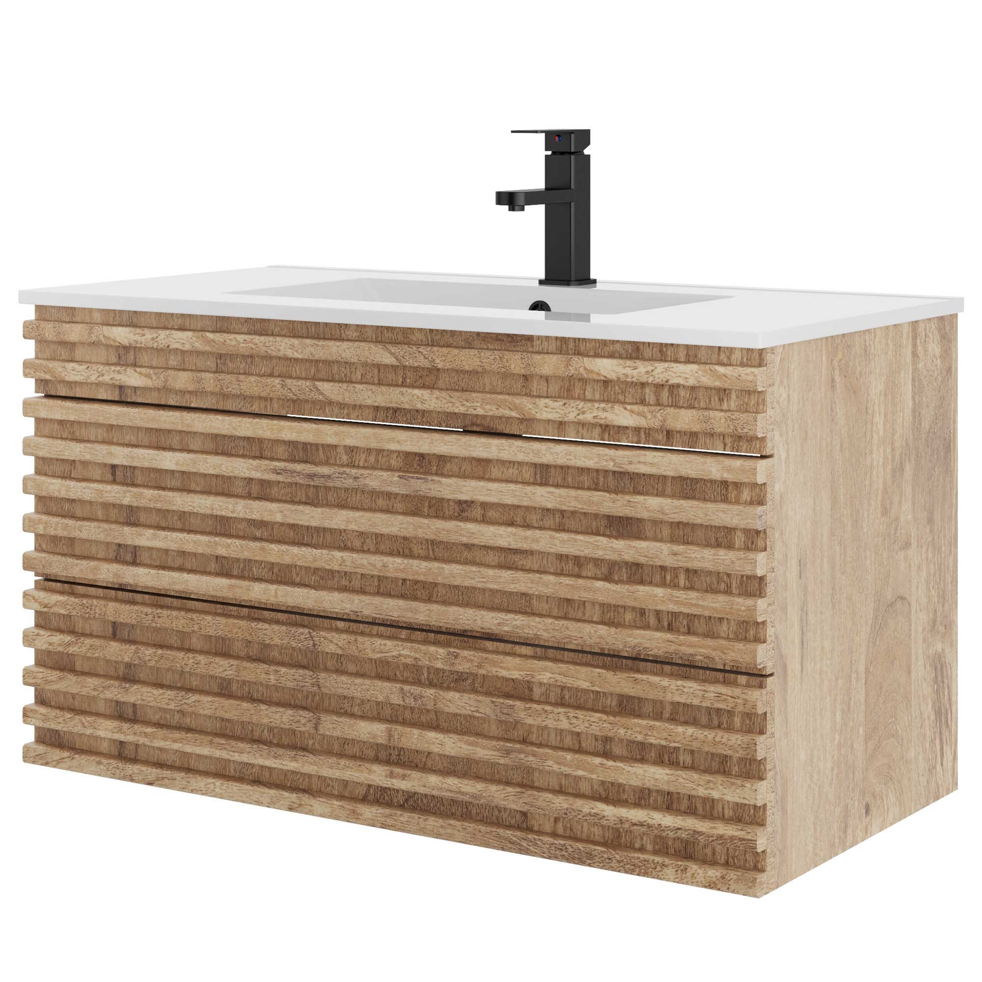 UEV Waschtisch mit Unterschrank, natur, 60cm/75cm/90cm hängend, Keramik Waschbecken (Komplett-Set, Badezimmmer Schrank für Gäste WC, mit Wasserhahn und Pop-up-Ablassventil), Soft-close Schubladen,Waschbeckenunterschrank mit 2 Schubladen