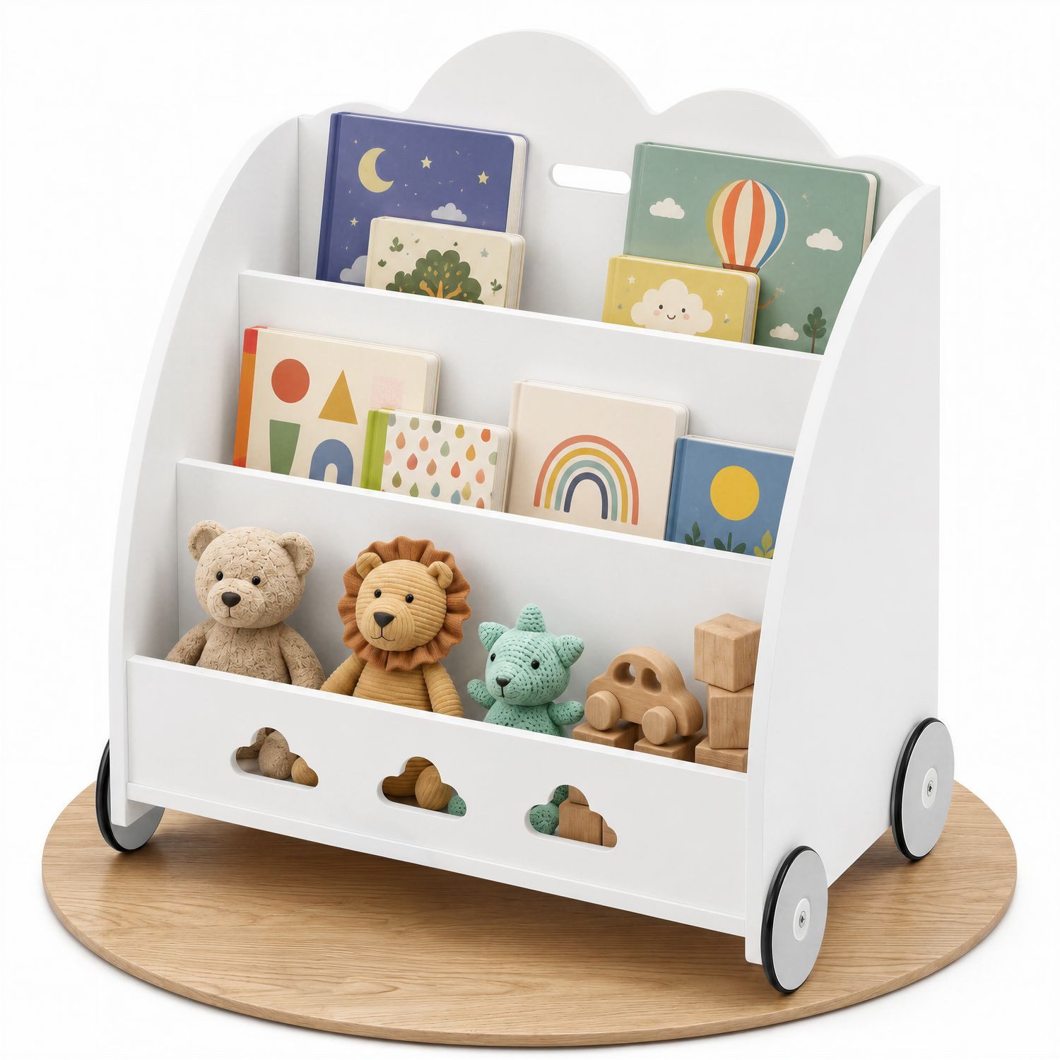 Coemo Standregal BOOKIE, Aufbewahrungsrollwagen Holz, Bücherregal & Spielzeugkiste in Weiß