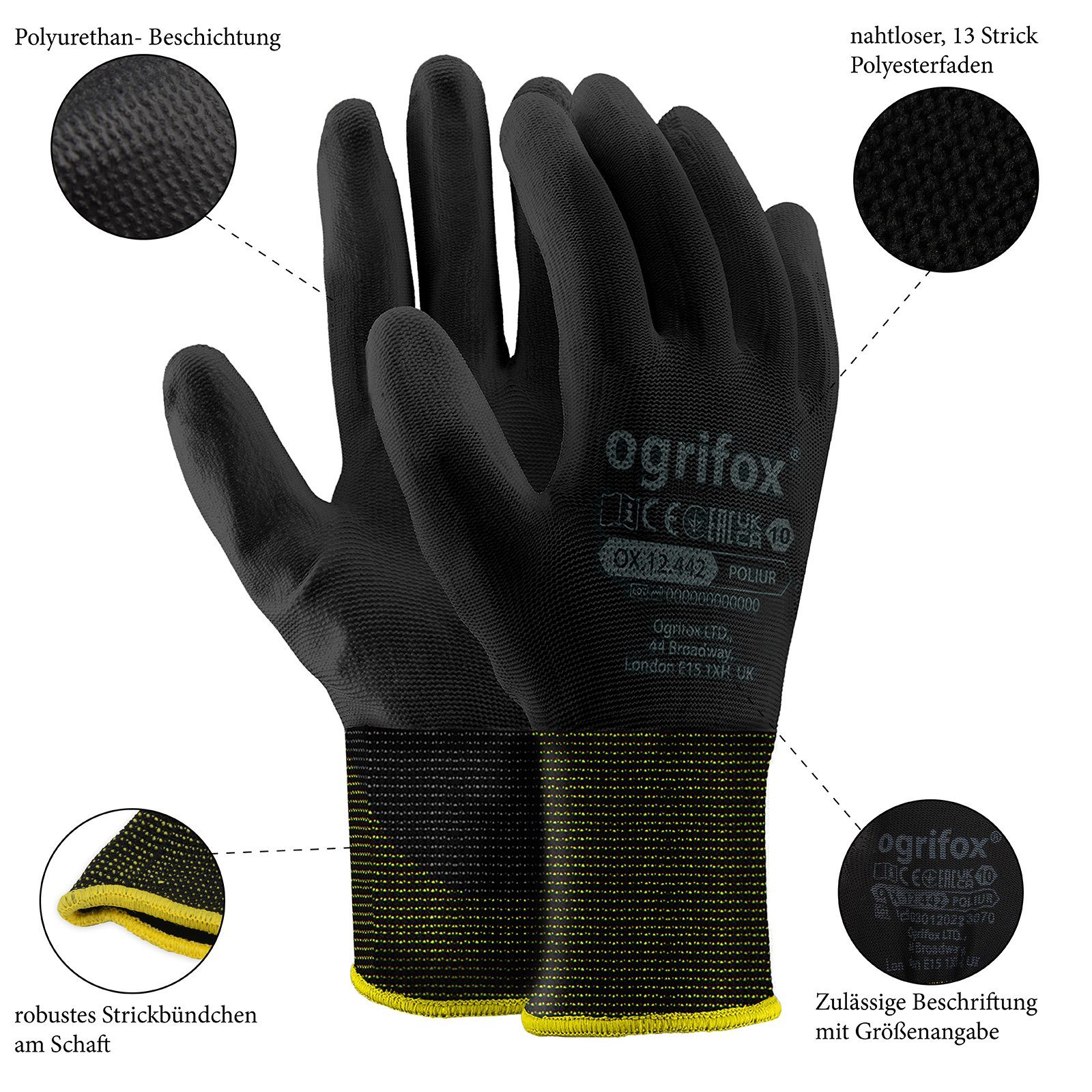 Midori Arbeitshandschuh-Set (12-St) Montagehandschuh Schutzhandschuh Polyester Polyurethan XL (Nr.10)