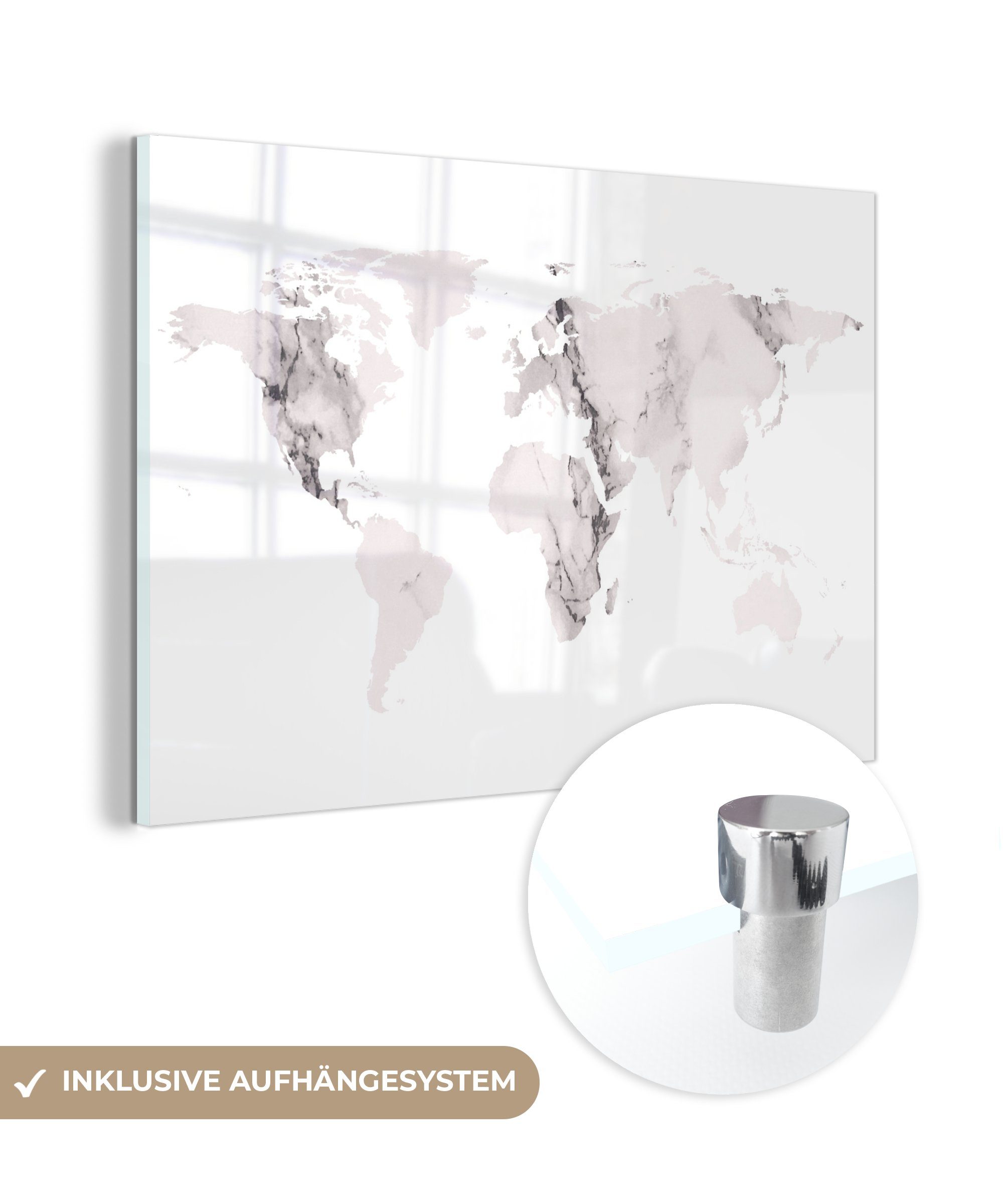 MuchoWow Acrylglasbild Weltkarte - Marmor - Grau, (1 St), Glasbilder - Bilder auf Glas Wandbild - Foto auf Glas - Wanddekoration | Bilder