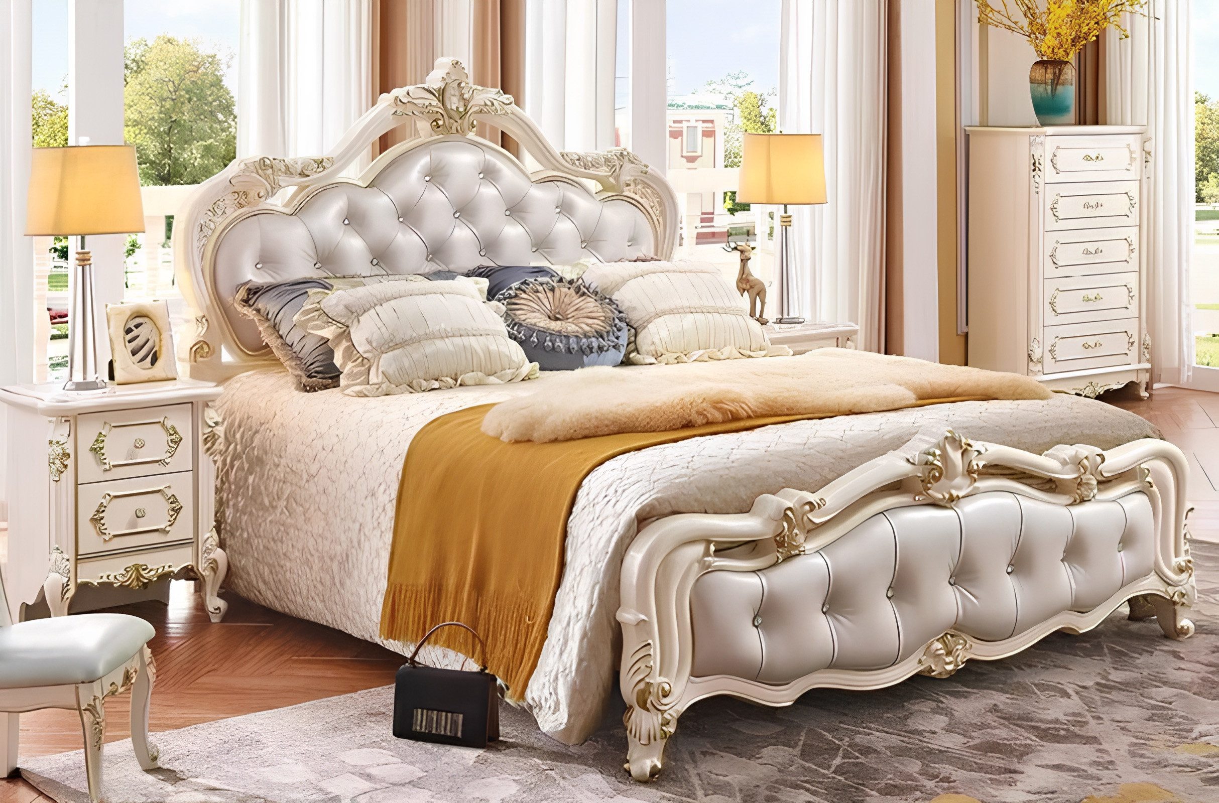 JVmoebel Lederbett Luxusmöbel-Set aus Massivholz in Weiß mit Art-déco-Design (3-tlg., 1x Bett + 2х Nachttische), Made in Europa